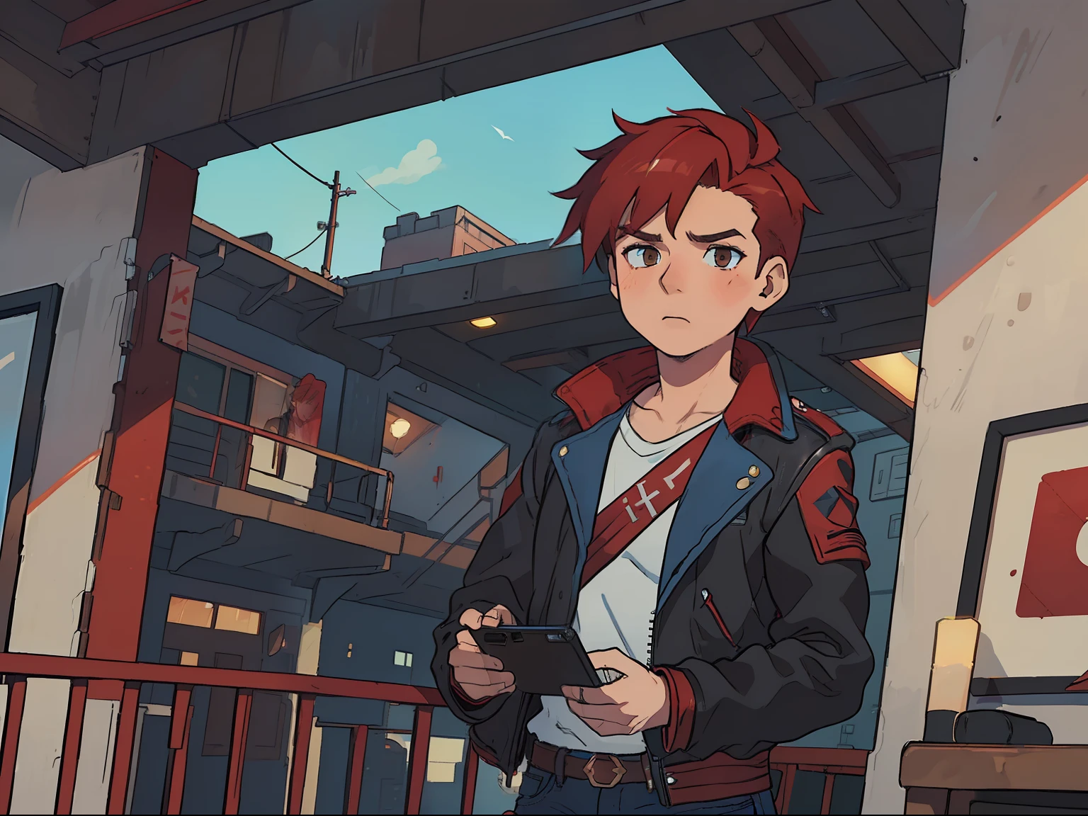 (Boy1, male, short red brushed-up hair, red bandanna, brown eyes, black leather jacket, blue jeans, talking in the phone, calling via smartphone, worried), 2nd floor home balcony