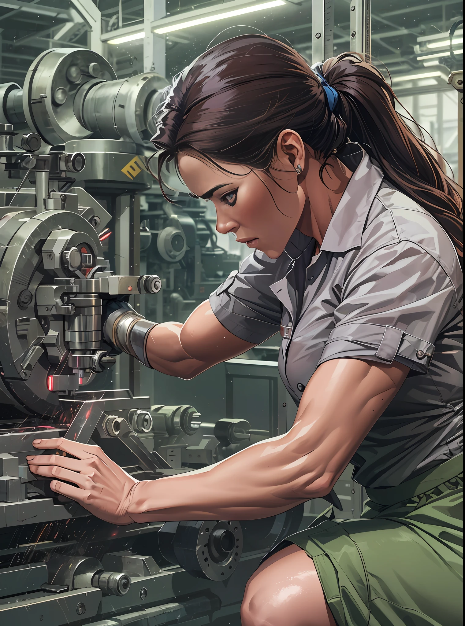 a woman working on a machine tool in a factory, ((muscular body)), detailed, ((detailed body)), (dynamic pose)