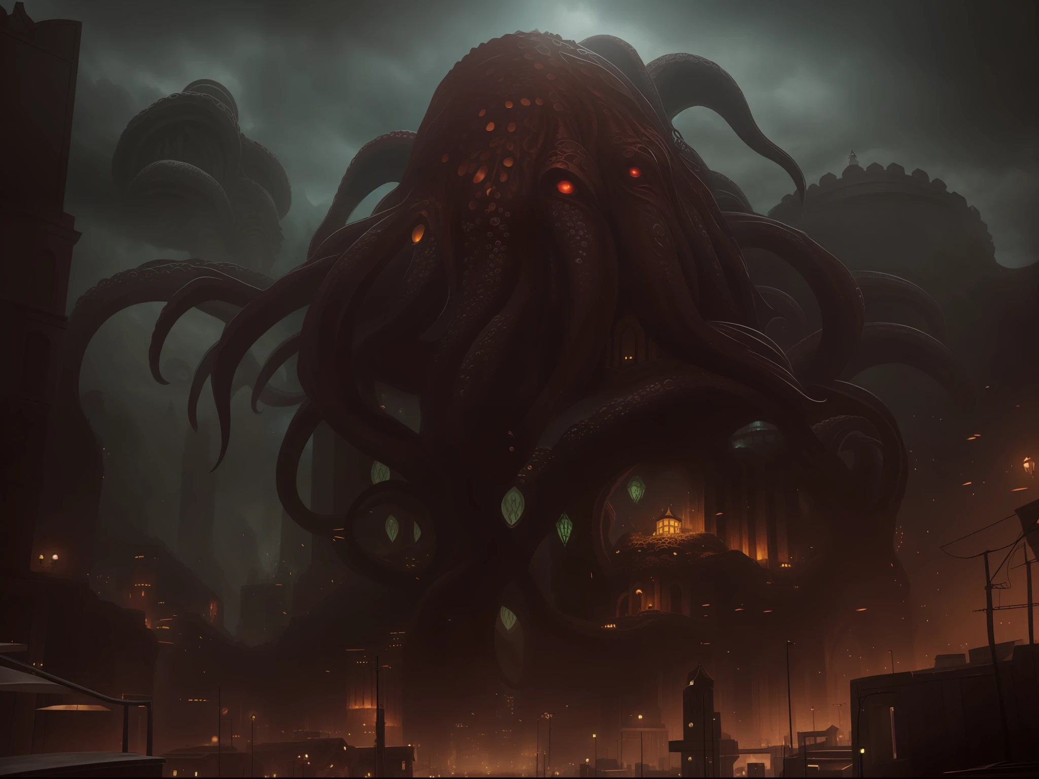 There is a huge octopus in the city center, lovecraftian landscape, gigantic cthulhu, Lovecraftian atmosphere, giant cthulhu, photo of cthulhu, inspired by lovecraft, lovecraftian hellscape, lovecraftian background, lovecraftian inspiration, inspired by H.p. Lovecraft, lovecraftian monster, epic fantasy sci fi illustration