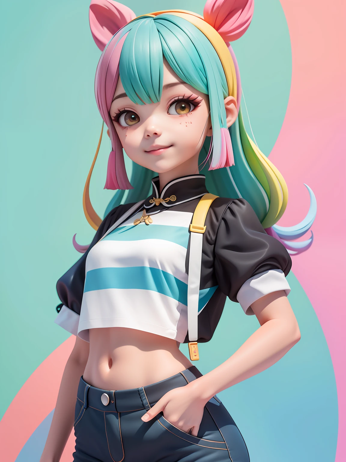 (obra-prima), (melhor qualidade), (ultra-detalhado), (corpo inteiro: 1.2) loli menina chinesa, pants and mini blouse, sorriso claro, corpo inteiro, :3, cabelo multicolor, curto, preso, pavor, moderno, Modern accessories, fundo tom pastel , colorido e simples.