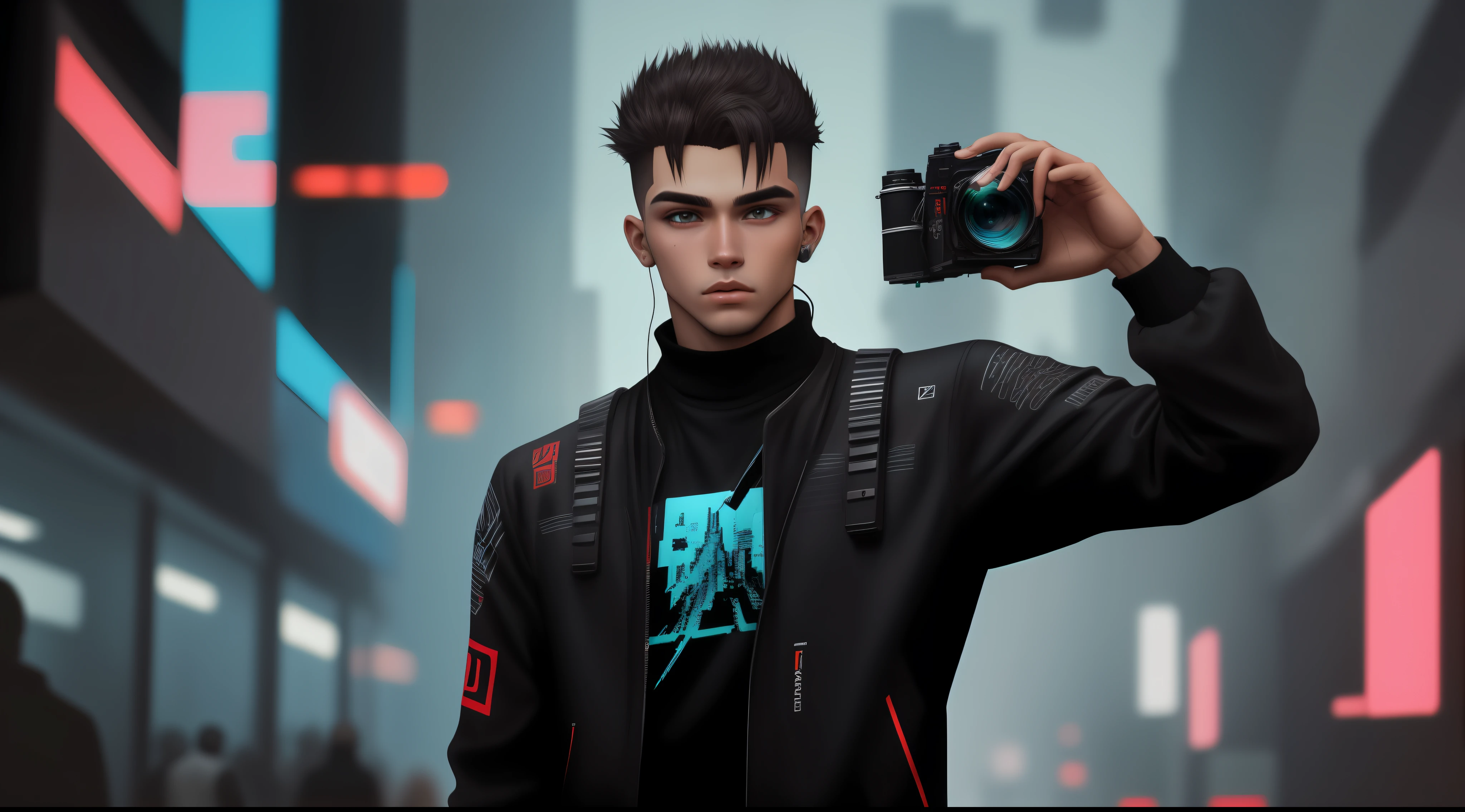 modo fotografia, cabelo preto, cor de pele branca, jovem, alto, magro, estilo cyberpunk, casaco estiloso colorido, todo vestido, fundo distante