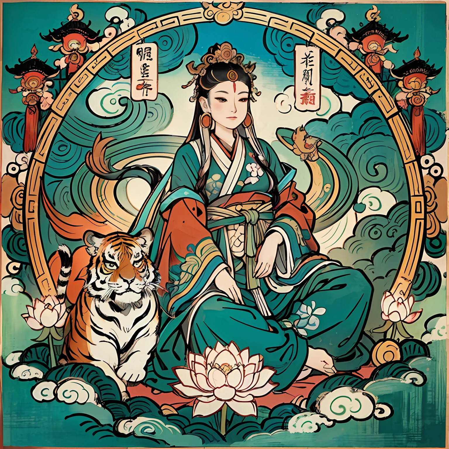an ancient Chinese goddess, guanyin of the southern seas, Guanyin, Inspired by India, Avalokiteshvara rides a tiger,Serene expression,shui mo hua,Buddha,Buddhist,Lotus,Chinese painting style,Thangka style