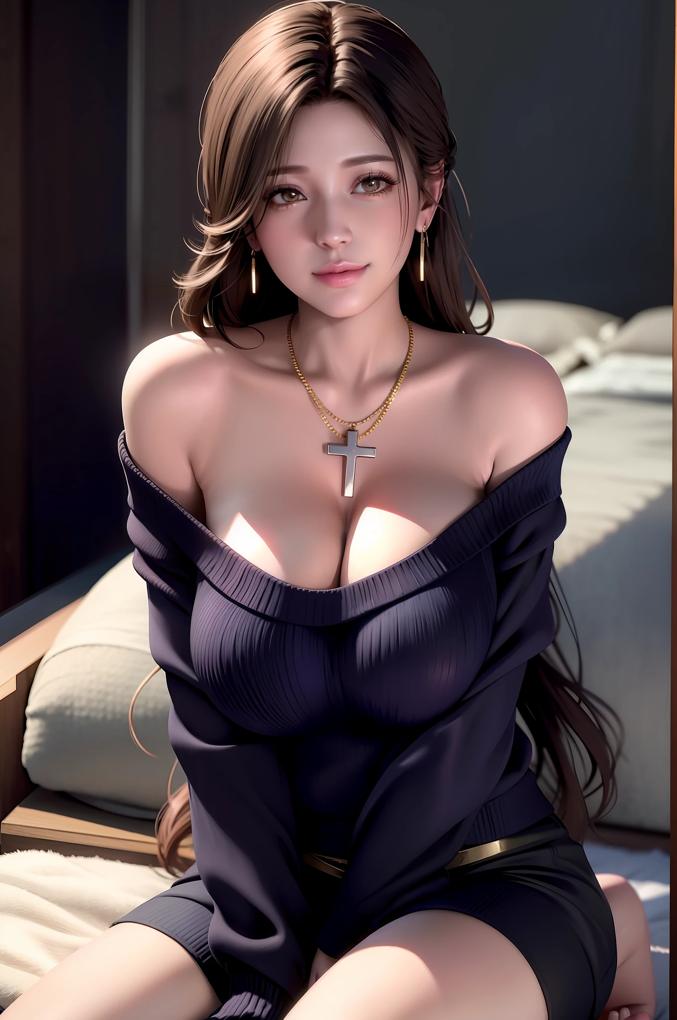 sayuri, mideum hair woman, (off-shoulder sweater, oversized sweater), (hiden short pants), (cross-legged sitting, hands lying on thighs), on bed, huge breasts, deep cleavage, best quality, masterpiece, hoop earrings, necklace