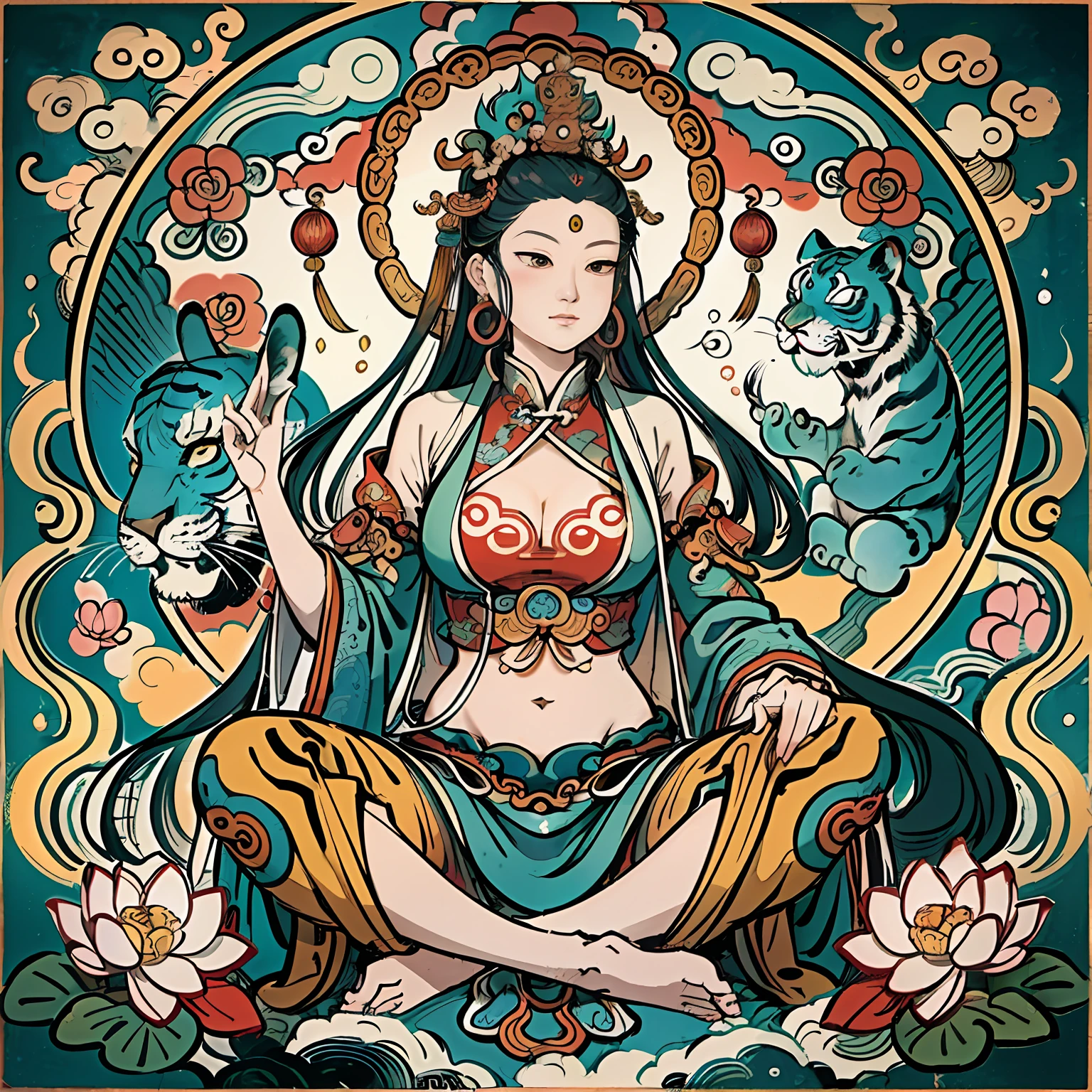 an ancient Chinese goddess, guanyin of the southern seas, Guanyin, Inspired by India, Avalokiteshvara rides a tiger,Serene expression,shui mo hua,Buddha,Buddhist,Lotus,Chinese painting style,Thangka style