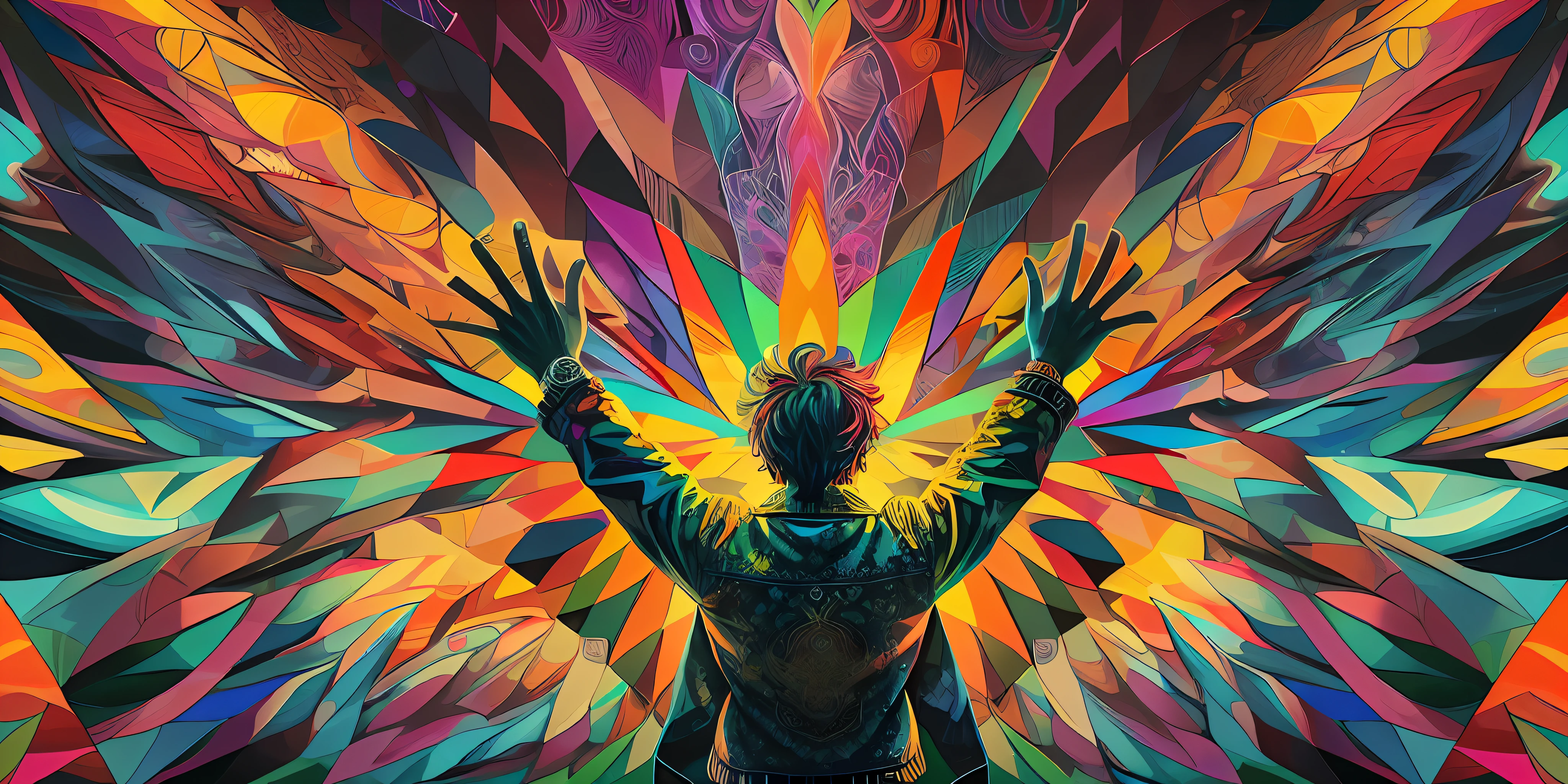 A stylish man, donned in a trendy jacket and jeans, confidently extending his hand towards a black wall. He emanates a sense of tension and pressure, with an aesthetically pleasing and intricately detailed appearance. This surreal 2D masterpiece creates a psychedelic experience, yang08k, photography, beautiful, black background, colorful,realistic