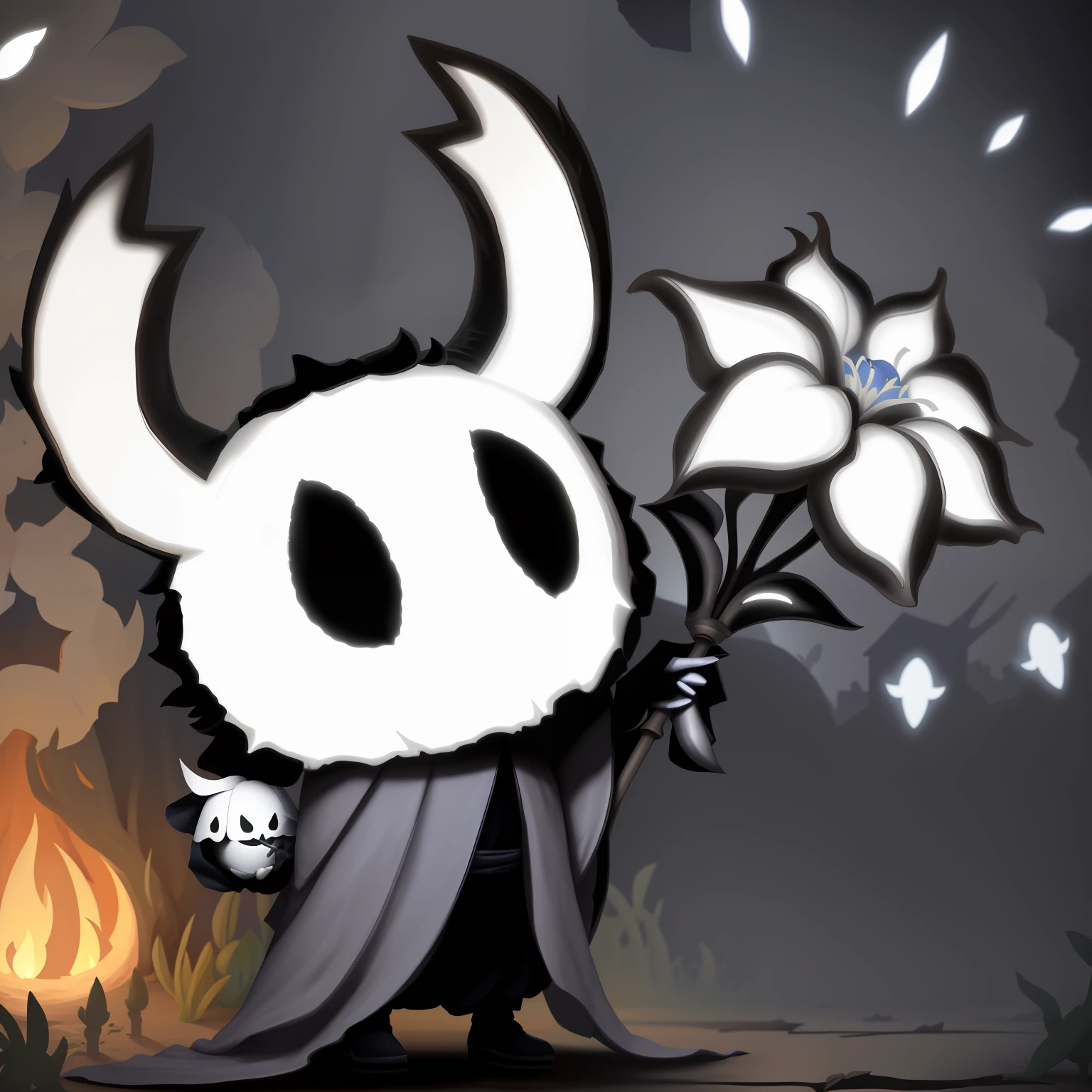 HD remake of this image，There is only one character in the picture，The character is the Hollow Knight，Wearing a small cloak，On the left side carries a bone spike as a weapon，On the right are the flowers and the stems of the flowers，Glow white，The whole composition is warm and lovely