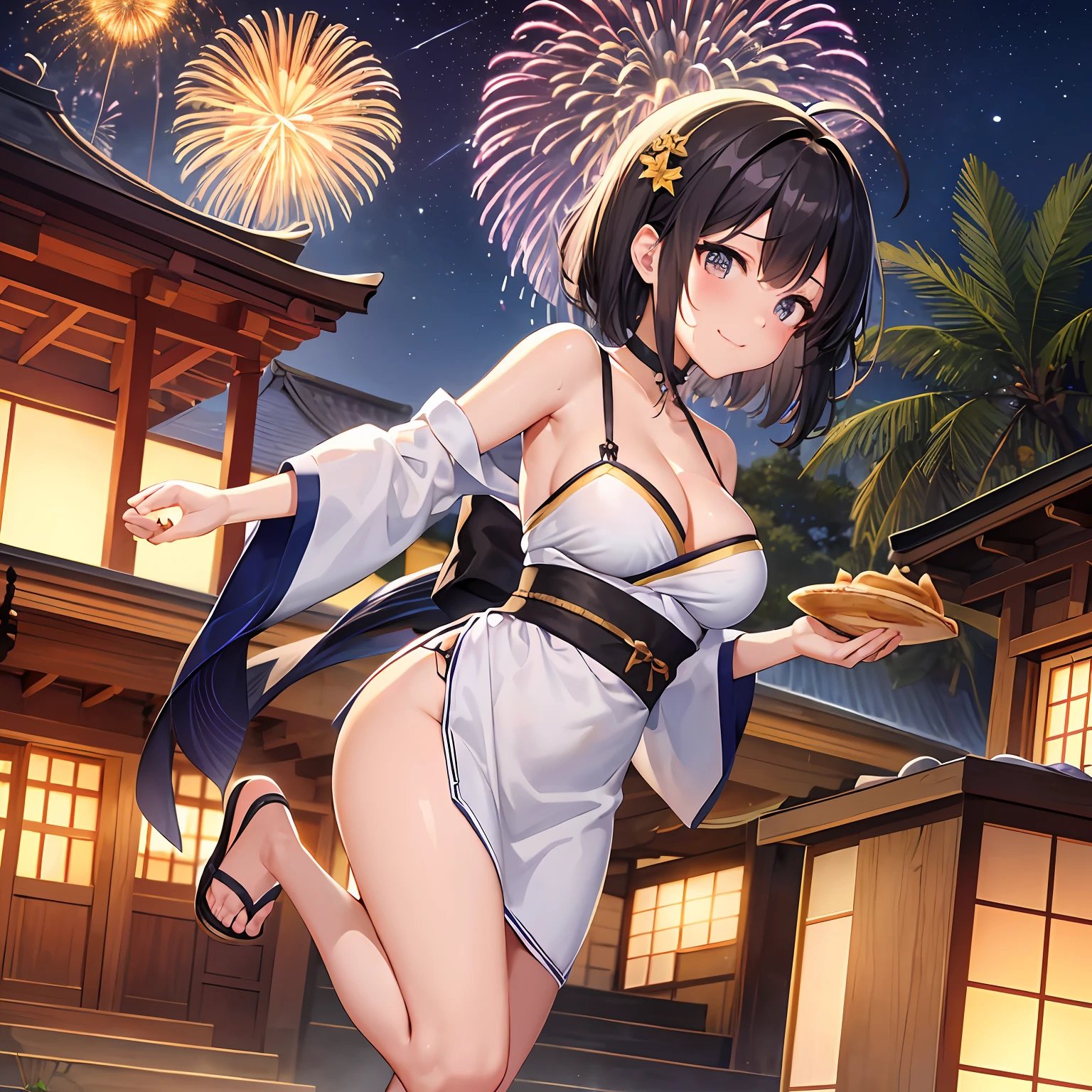 (top-quality),​masterpiece,(超A high resolution),1girl in, Petite,Full body, Looking away,(The body is turned to the front),((Standing on one leg)),Black hair, Short hair, Wavy Hair, Ahoge,A smile, Choker,(Eating crepes),medium breasts,Breasts with cleavage,(Sweat),((Beautiful yukata)),((Leg belts)) ,sandal,nigh sky,Amazing fireworks,food stand,shrines,stairway,paper lanterns,Large crowds,