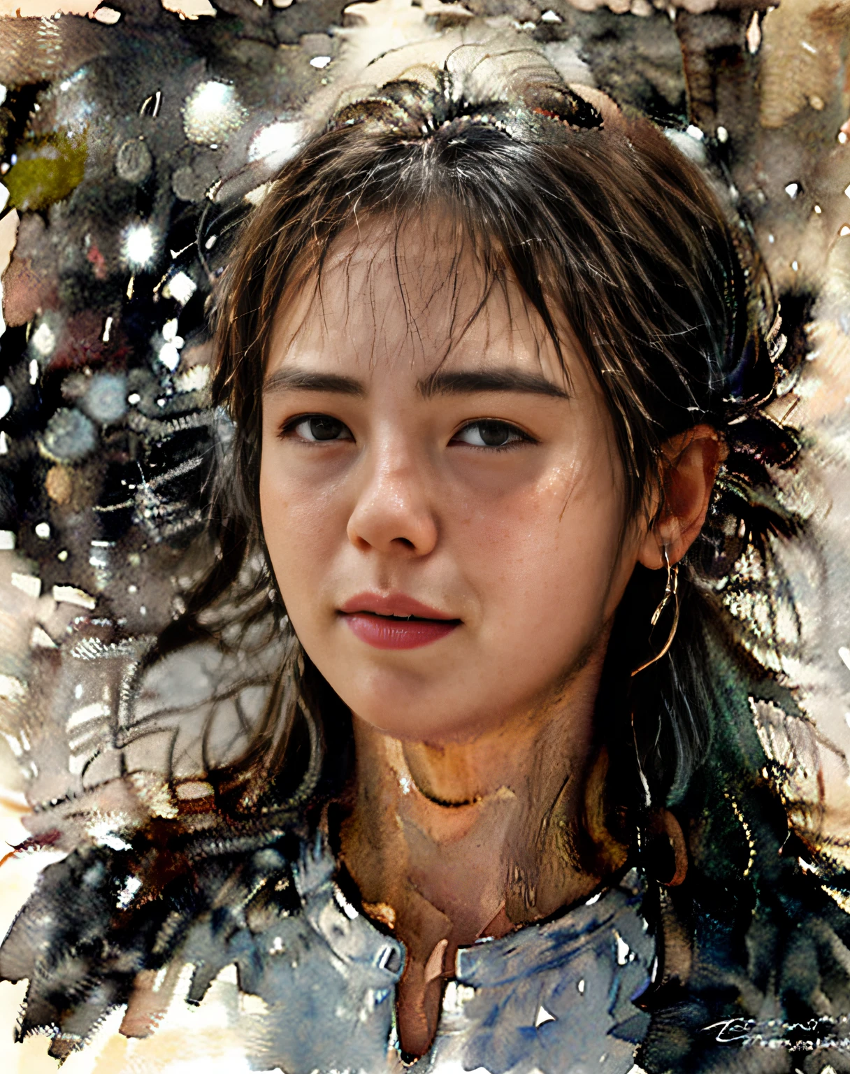 colorwater, insanely photorealistic RAW photo portrait of a stunning beautiful 30yo woman in the style of Steve McCurry, award-winning, highly detailed, sharp focus, intricate, symmetrical features, perfect lighting, 4k, 8k, HD, dramatic lighting, octane render, in the style of Tom Bagshaw, Sargent, Thomas Kinkade