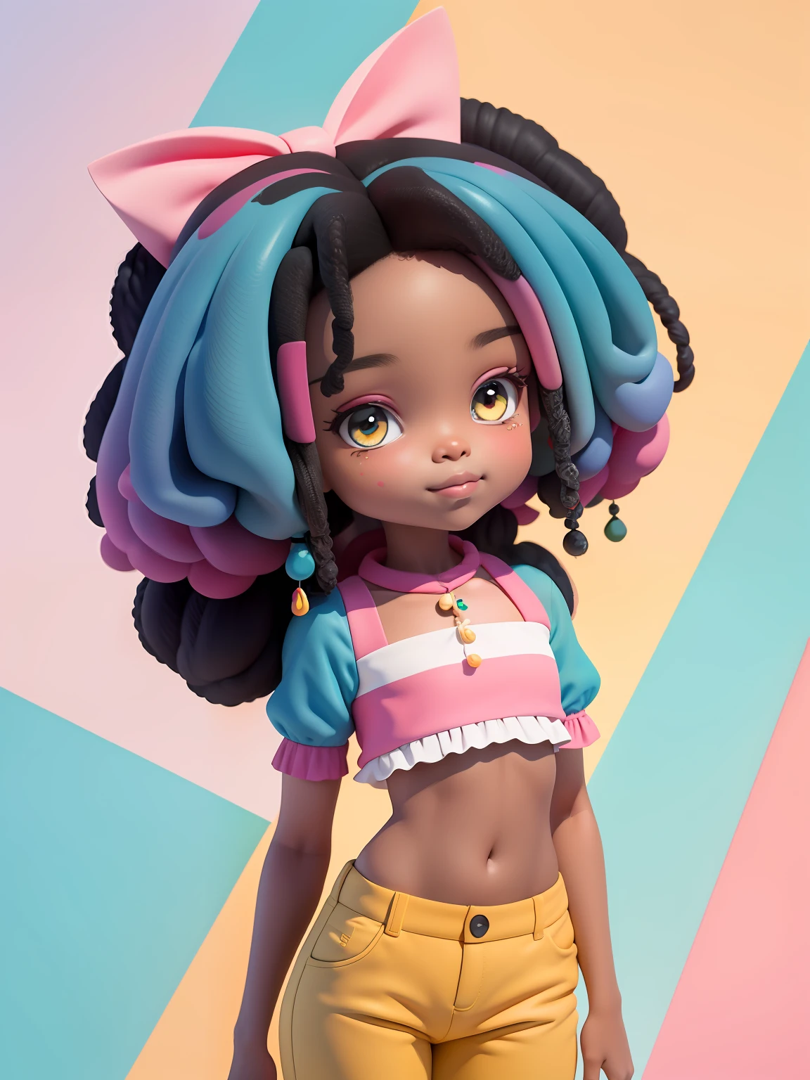 (obra-prima), (melhor qualidade), (ultra-detalhado), (corpo inteiro: 1.2) loli menina negra, afro, pants and mini blouse, sorriso claro, corpo inteiro, :3, cabelo multicolor, curto, preso, pavor, moderno, Modern accessories, fundo tom pastel , colorido e simples.