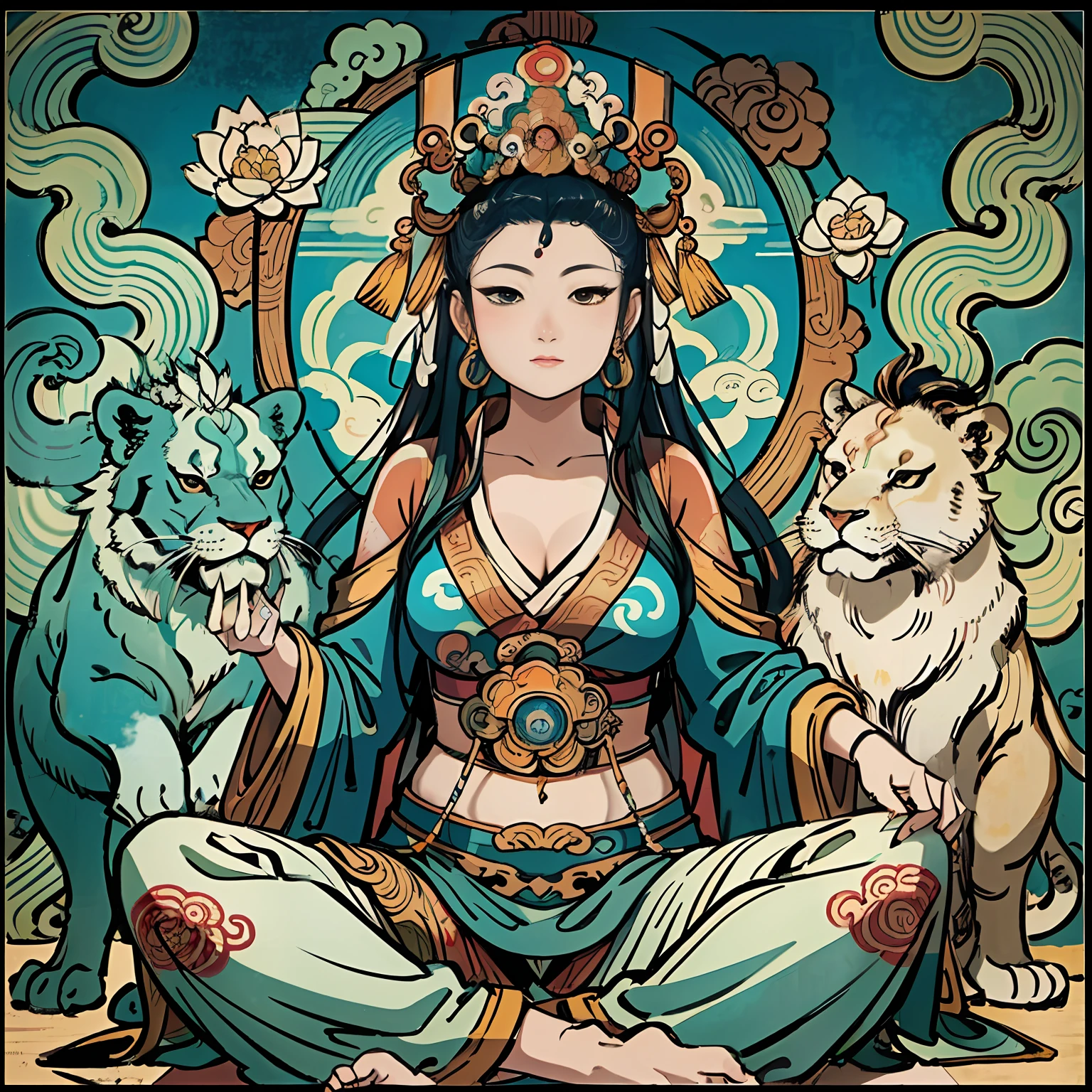 an ancient Chinese goddess, guanyin of the southern seas, Guanyin, Inspired by India, Avalokiteshvara rides a lion,,Serene expression,shui mo hua,Buddha,Buddhist,Lotus,Chinese painting style,Thangka style