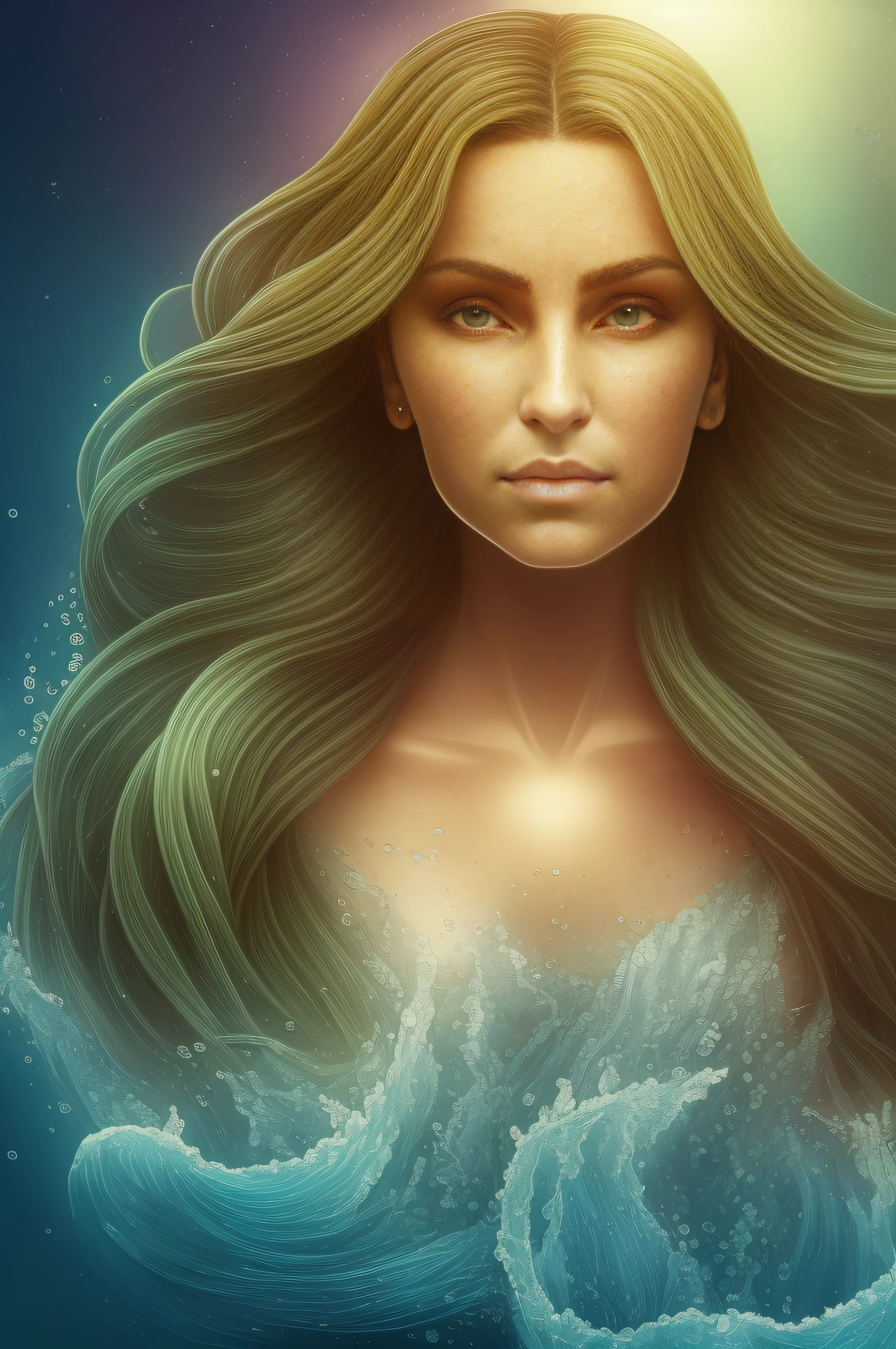 ((PERSONAJE Aqua)): It can clean up water pollution and raise awareness about its responsible use. vista frontal, retrato, simetry, artistic, arte agudo, (estilo de Dan Mumford: 1.1), HDR, realismo, DarkFantasy, ambiance, estilo lovecraft, (JimJorCrafLogo estilo de arte: 1.3), pelo azul verdoso, trenzas y cabello se mezclan con el agua, ojos verdes brillantes, cuerpo entero, centrado, agua, monolito, columna, templo. Paz. ((diosa del agua)) domina el agua con su energia