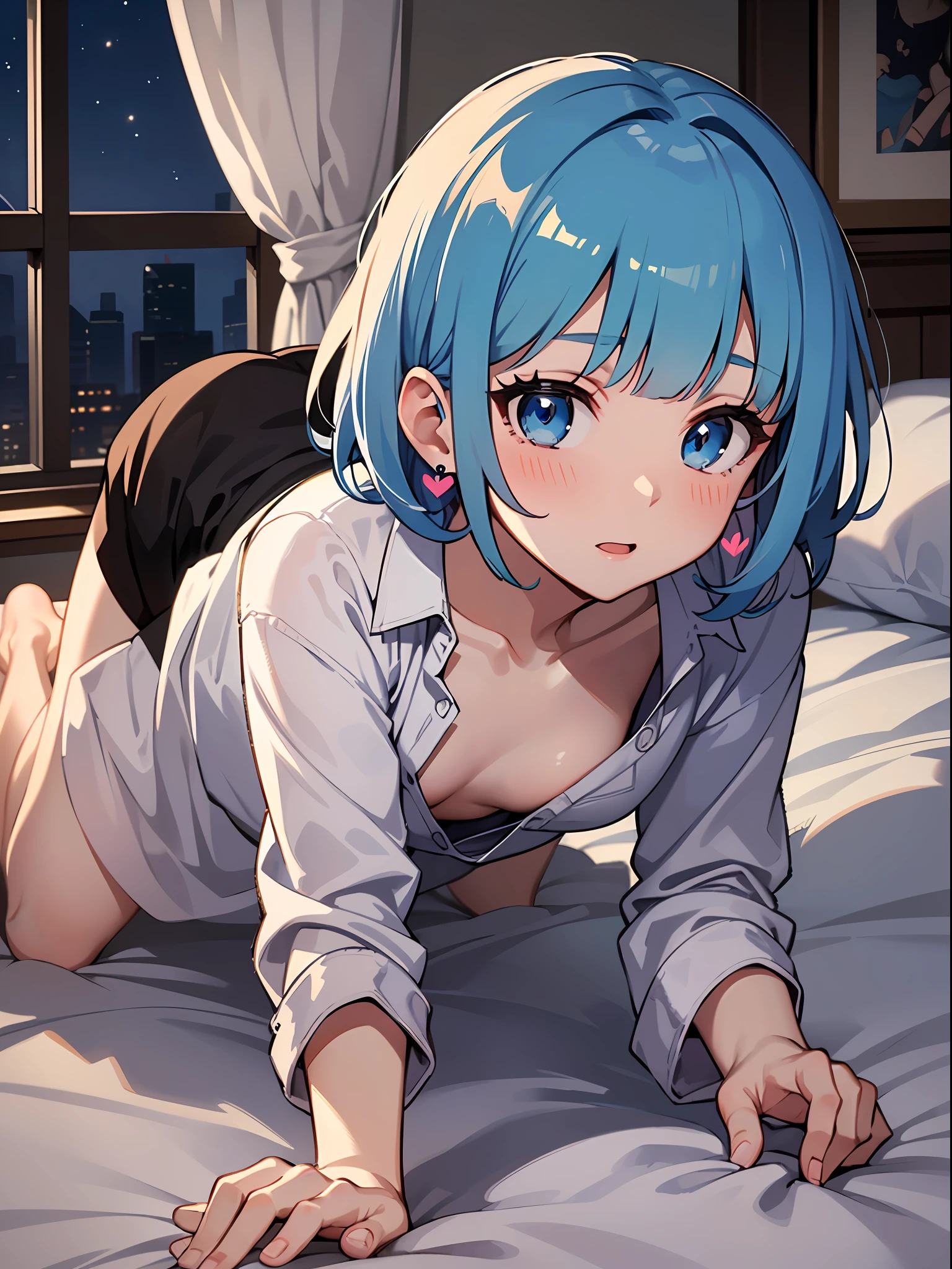 (masterpiece:1.3), (best quality:1.3), high resolution,
upper body,
body facing forward, crawling on all fours,
(one cute girl:1.3), solo,
white skin, small Breast, eight-headed person,
light blue hair, (bobbed hair:1.2), (short hair:1.1), (blunt bangs:1.2), beautiful hair, blue eyes, beautiful detailed eyes,
blush, embarrassed, heart,
white dress shirt,sleeves past wrists,bottom less,bare breasts,barefoot, earrings,
indoors, bed, white room, (night:1.2),
shadowlighting,