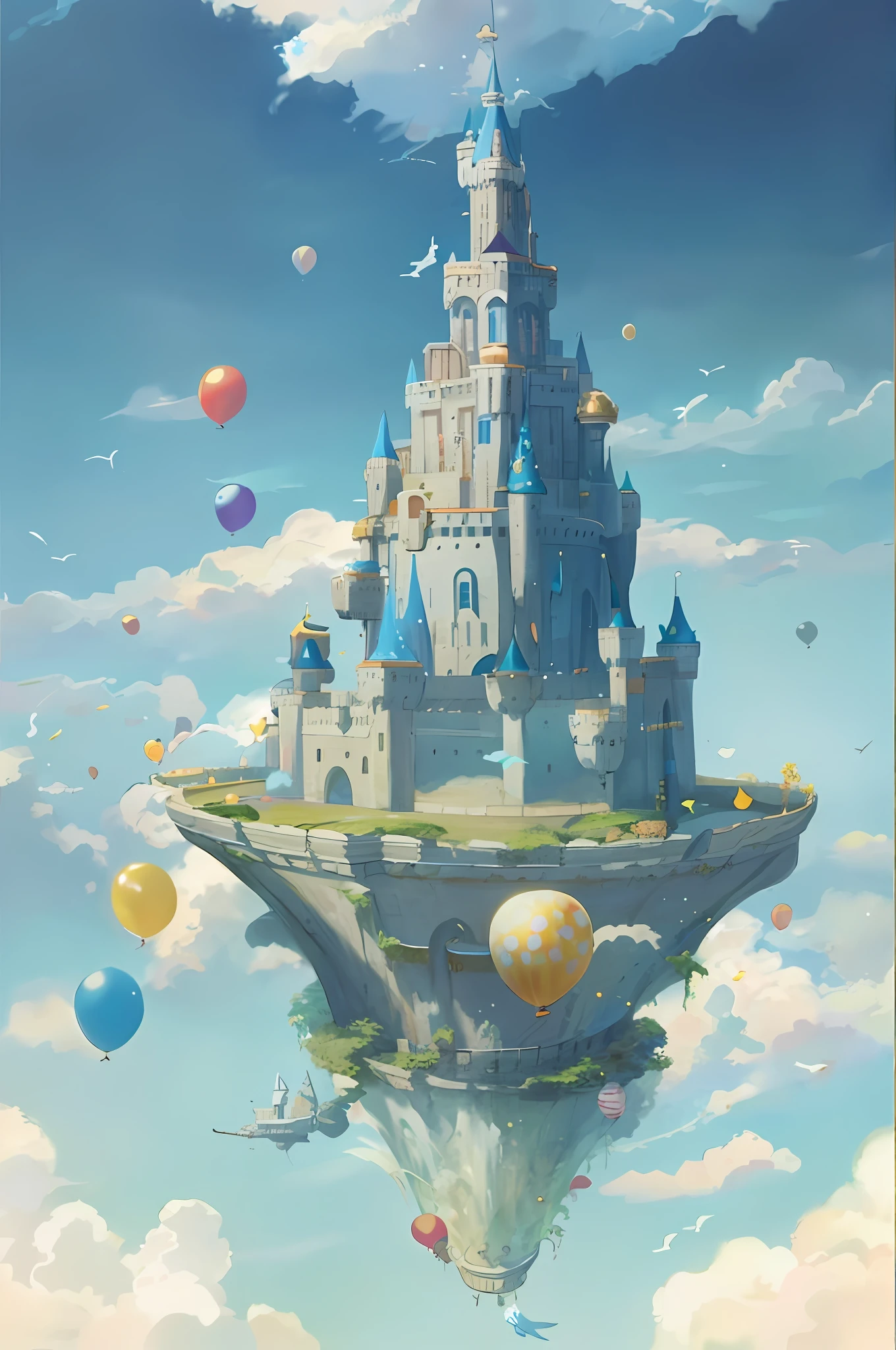 Castle in the sky，Balloons fly on it, flying cloud castle, an immense floating castle, magical fantasy 2 d concept art, Cloud Palace, palace floating in the sky, Anime landscape concept art, fantasy concept art, flying castle, Anime fantasy illustration, 2. 5 D CGI anime fantasy artwork, final fantasy vll world concept, Anime fantasy artwork，tmasterpiece，infinite details，HighestQuali，8k