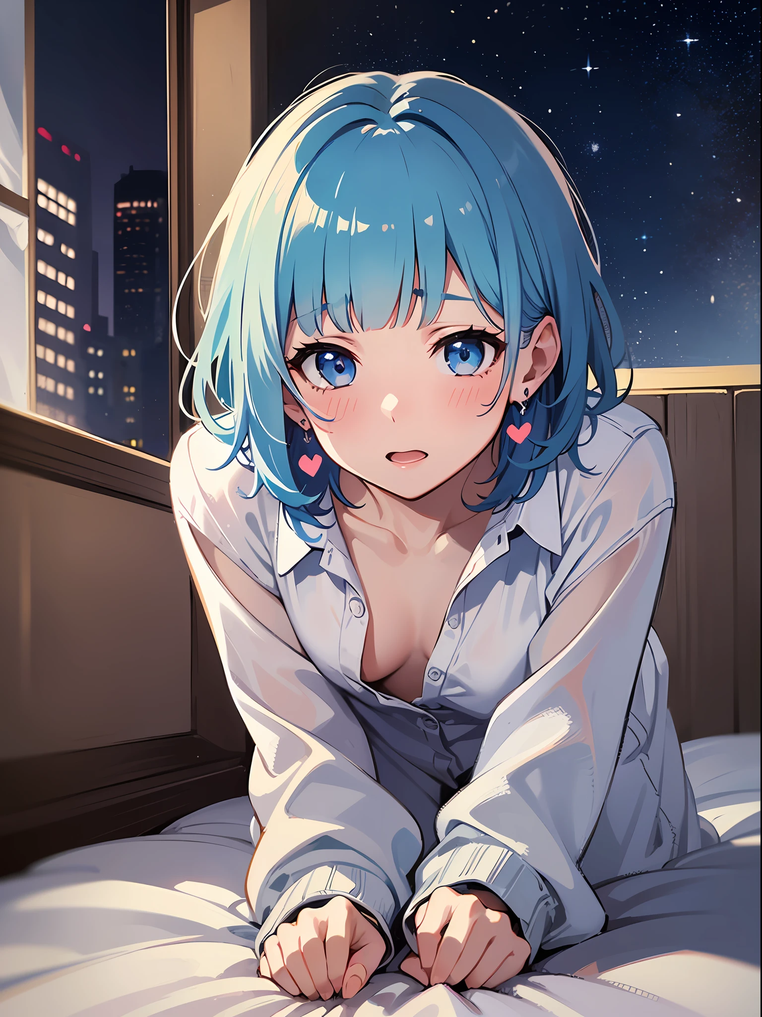 (masterpiece:1.3), (best quality:1.3), high resolution,
upper body,
body facing forward, crawling on all fours,
(one cute girl:1.3), solo,
white skin, small Breast, eight-headed person,
light blue hair, (bobbed hair:1.2), (short hair:1.1), (blunt bangs:1.2), beautiful hair, blue eyes, beautiful detailed eyes,
blush, embarrassed, heart,
white dress shirt,sleeves past wrists,bottom less,bare breasts,barefoot, earrings,
indoors, bed, white room, (night:1.2),
shadowlighting,