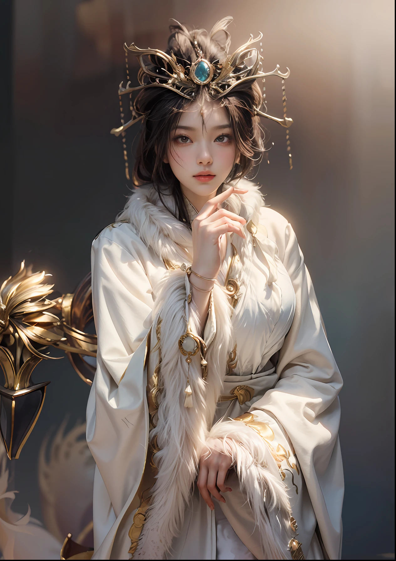 Art depicts a charming woman,Dressed in a flowing manner、Silky traditional oriental dress,white colors,Decorated with intricate patterns and bright colors。Her dress draped elegantly over her curvy figure,Highlights her seductive silhouette。She stood gracefully in the tranquil sunlight,Bask in the soft glow of the sun。The scene exudes an ethereal and dreamy atmosphere,With a touch of mystery and sexiness。The image style incorporates watercolor and digital illustration techniques,It evokes a refined beauty and charm。The lights are filled with soft moonlight,casting soft highlights and shadows on her charming features。Bare thighs,Bigchest