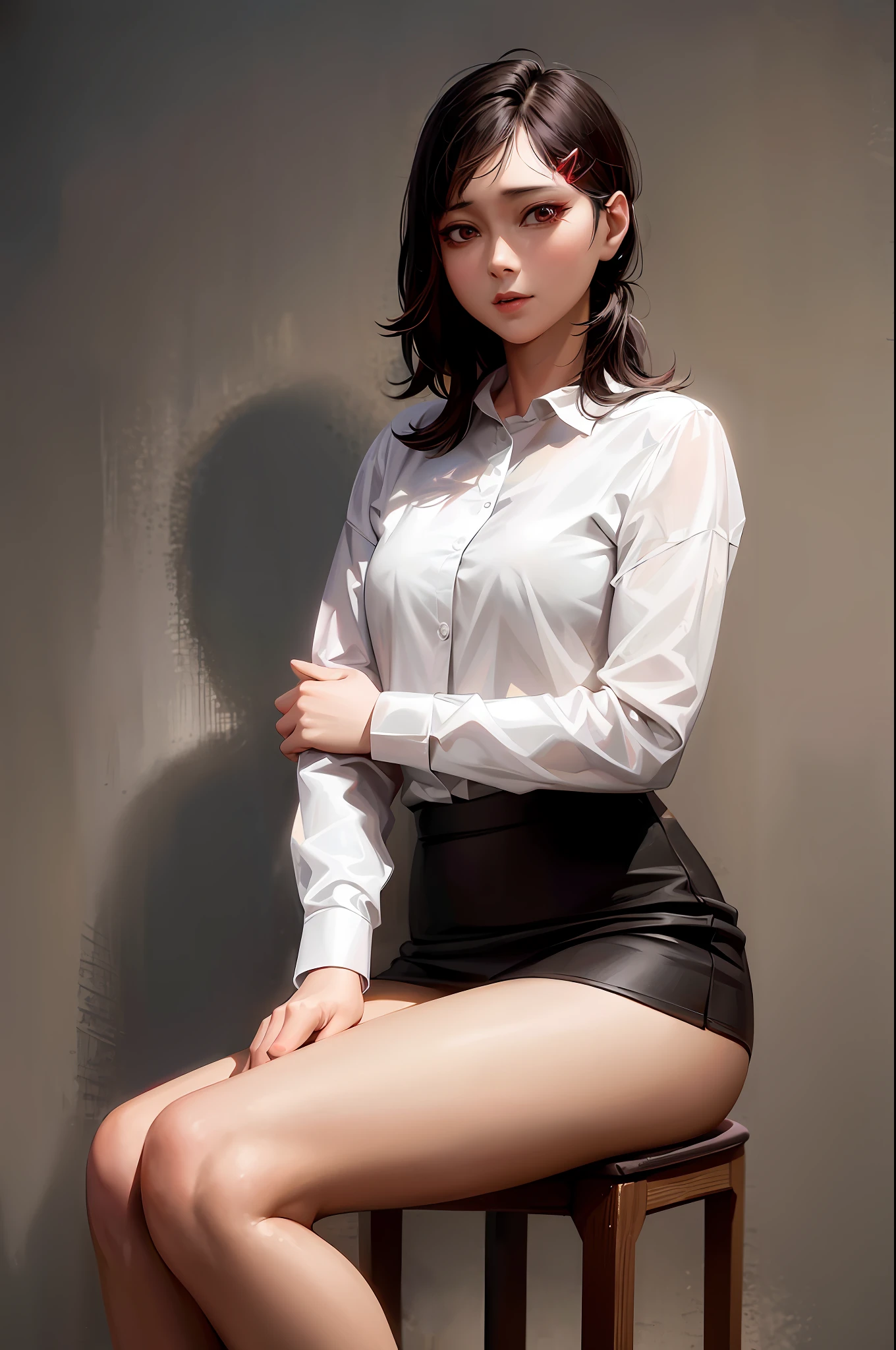 Arad woman sitting on a stool in a white shirt and black dress, in a white shirt, Japanese model, 2 4 year old female model, cindy avelino, wearing tight simple clothes, jen zee, photo of slim girl model, office clothes, Casual pose, pretty face with arms and legs, Asian women, Korean girl, Positive posture，spread their legs