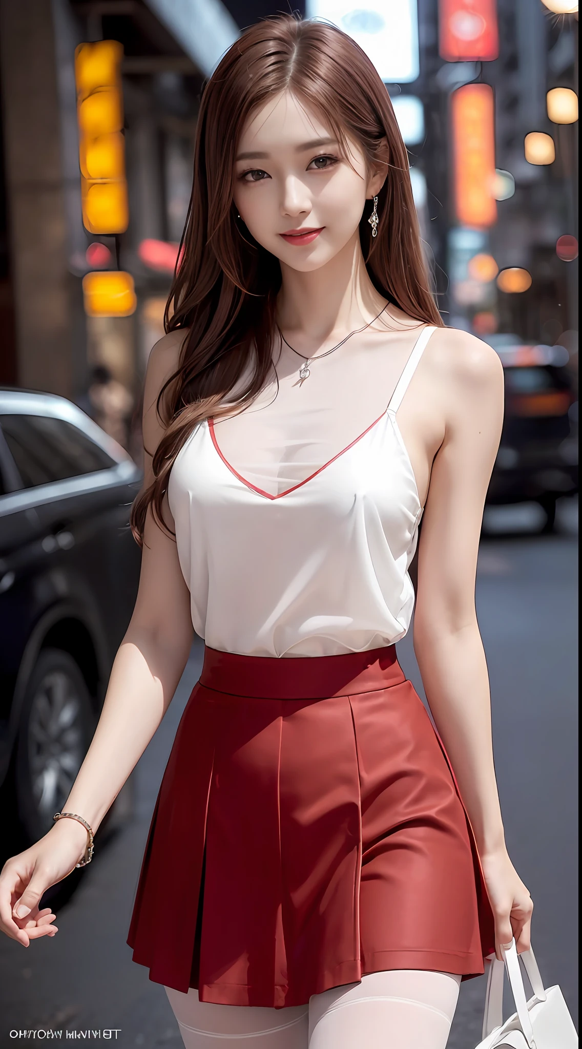 8k, masterpiece, RAW photo, best quality, photorealistic, extremely detailed CG unity 8k wallpaper, Depth of field, Cinematic Light, Lens Flare, Ray tracing, (extremely beautiful face, beautiful lips, beautiful eyes), intricate detail face, ((ultra detailed skin)) 1girl, in the dark, deep shadow, pretty korean girl, kpop idol,(very slim slender fit-muscled body:1.3), ((looking at viewer)),(big smile:1.3), (night, (neon sign), (blurry background), midnight, (without people in the background:1.3), pretty korean girl, white diamond earrings, bracelets, necklace, pantyhose, clear eyes, walking , front shot, (pale skin), face forward, (big eyes), full body shot, ((see through, white color blouse)), ((red color skirt :1.3)), (brown hairs) (looking at viewer:1.3), (laced bra), very slim, medium breasts, Hermes bag