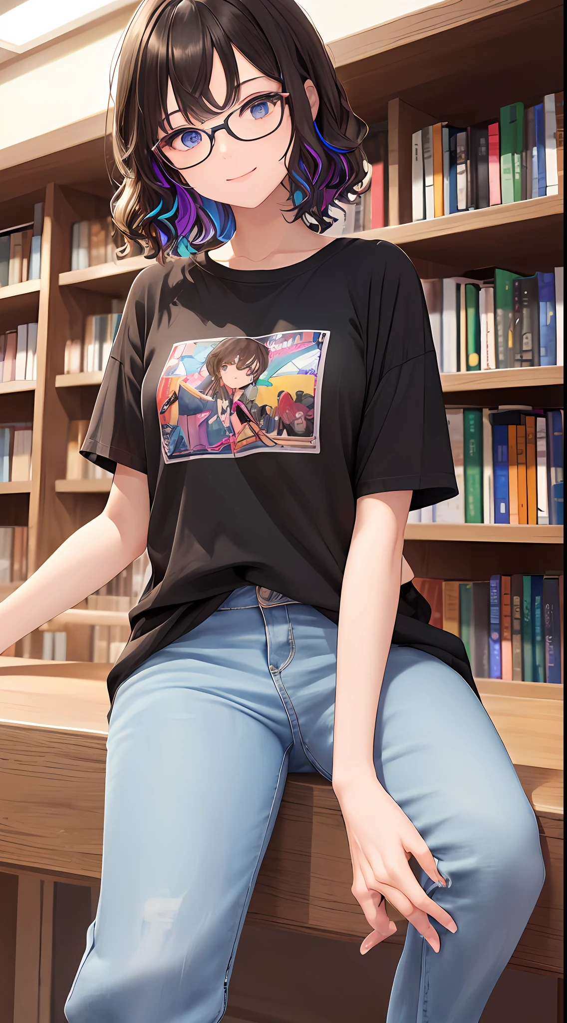 (masterpiece), best quality, expressive eyes, perfect face, 1girl, solo, pixie cut curly hair , (illustration: 1.1), (best eyes: 1.3), (beautiful and clear background: 1.25), (extremely detailed CG unity 8k wallpaper: 1.1), (colorful: 0.9), (depth of field: 0.75),
(detailed eyes: 1.4), black eyes, (multicolored hair: 1.2), brown hair, bright eyes, multi line in hair, glasses, long hair
(Oversize T-shirt: 1.4), scraft, jeans long pant, sneaker shoes,
looking_at_viewer, smile, library, indoor, romantic, sharo shoot, close up,