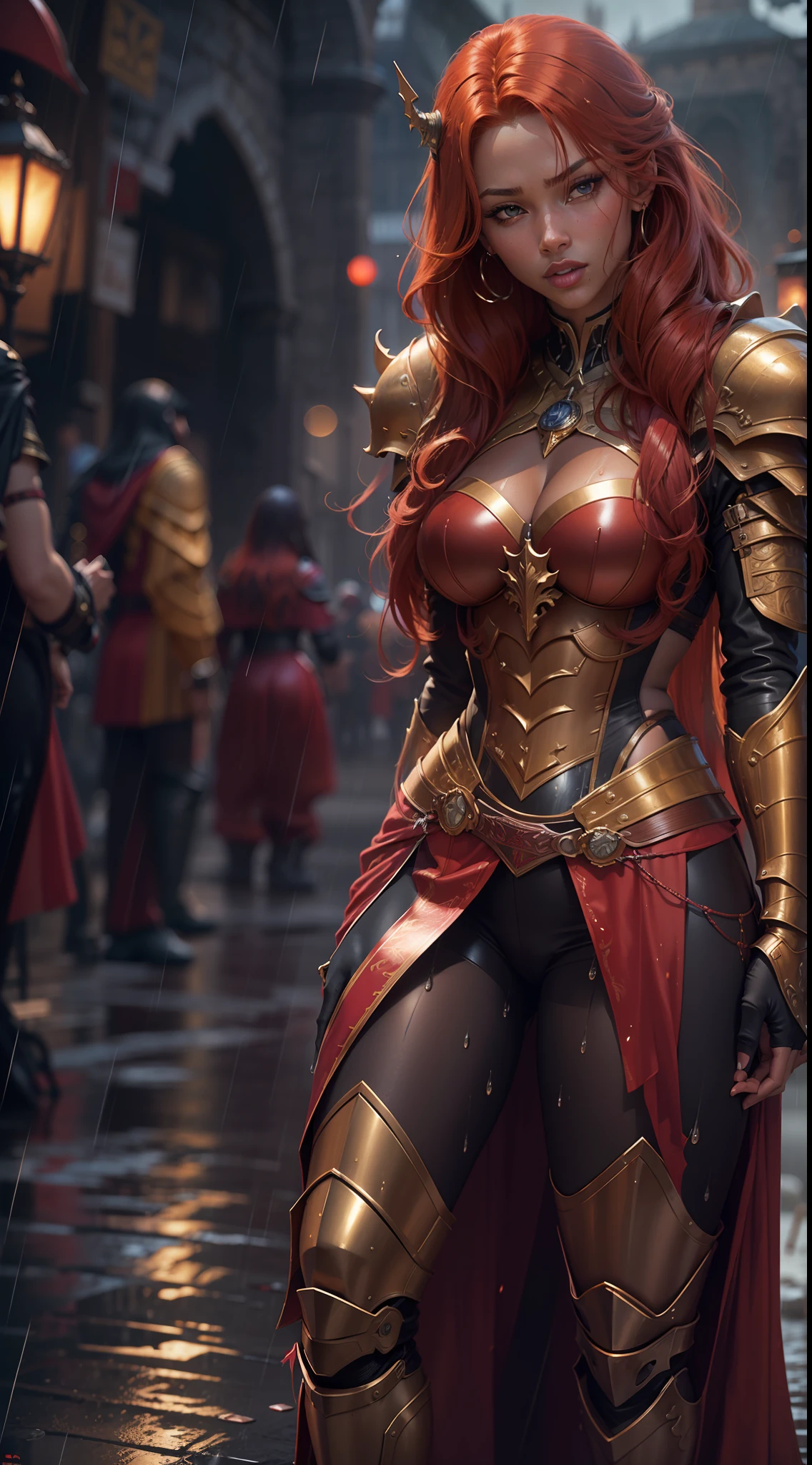 Best image , HDR , ultra resolution , 8k image , Tall Redhead woman 22 years old , dark skin , long red hair , thick thighs , medium breasts showing , queen outfit with sexy armor , red and gold clothes , wet lips , on the streets of Medieval Kingdom, Rains. Cyborg queen sensualizing, raining
