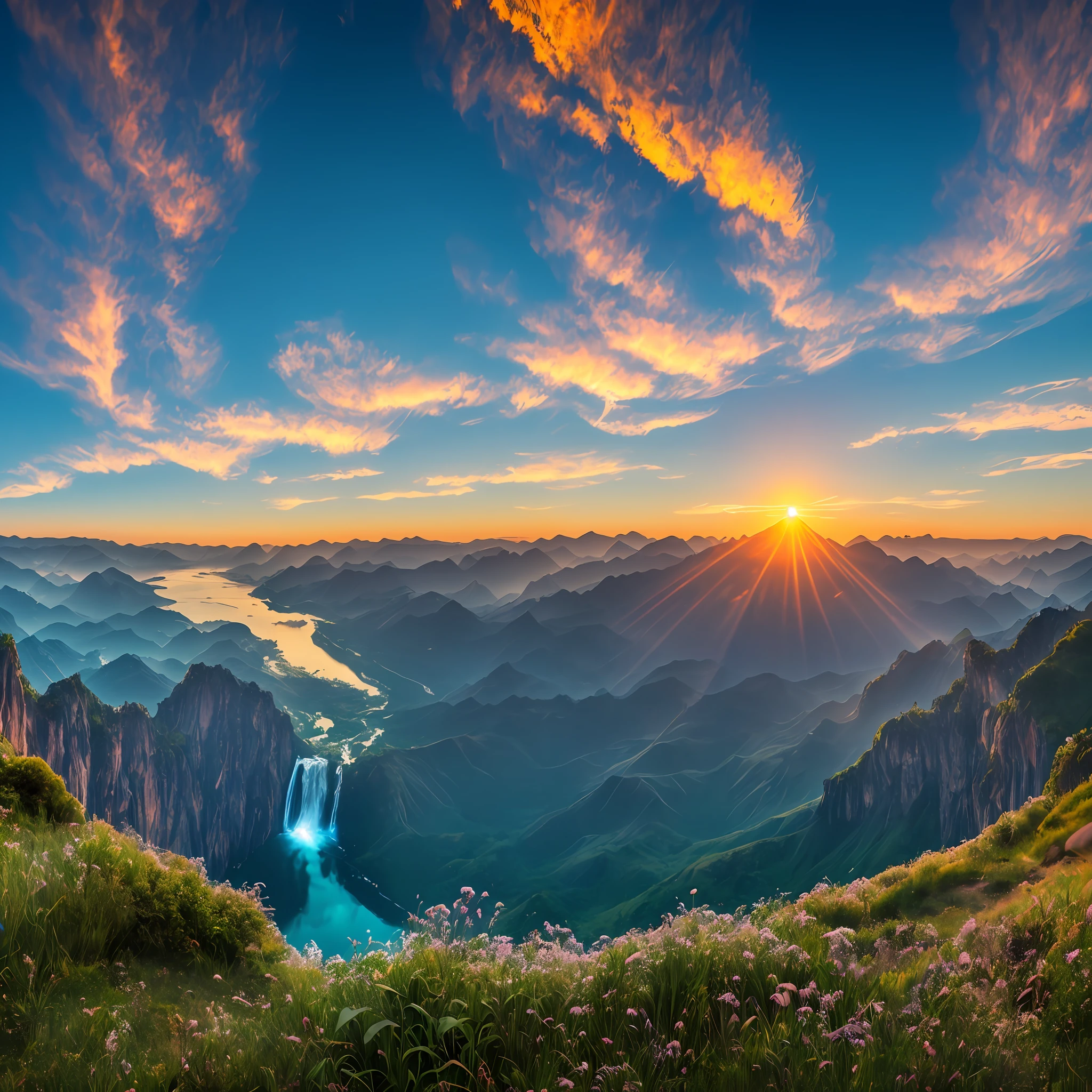 (8k, RAW photo, photorealistic:1.25) ,on the mountain, see waterfall, sunset, humanoid cloud, Verism, ray tracing, panorama, ultra wide angle, ultra hd, masterpiece, super detail, best quality, earth \(planet\),
