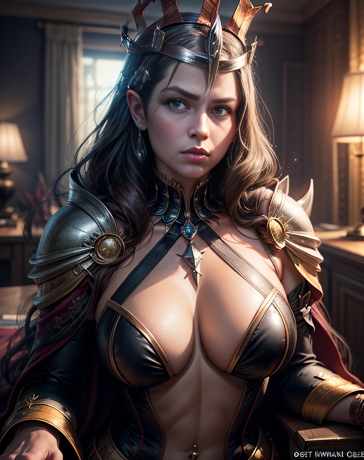 (masterpiece, best quality, beautiful art:1.4), upper body, waist up, captivating, seductive (queen of wrath:1.8) in the style of greg rutkowski, perfect eyes, artgerm, wlop and ross tran, beautiful, cute - fine - face, pretty face, oil slick hair, realistic shaded perfect face, extremely fine details, realistic shaded lighting, dynamic background, artstation, poster, volumetric lighting, very detailed, 8 k (sharp focus:1.6), highly detailed, ultra realistic, 8k
