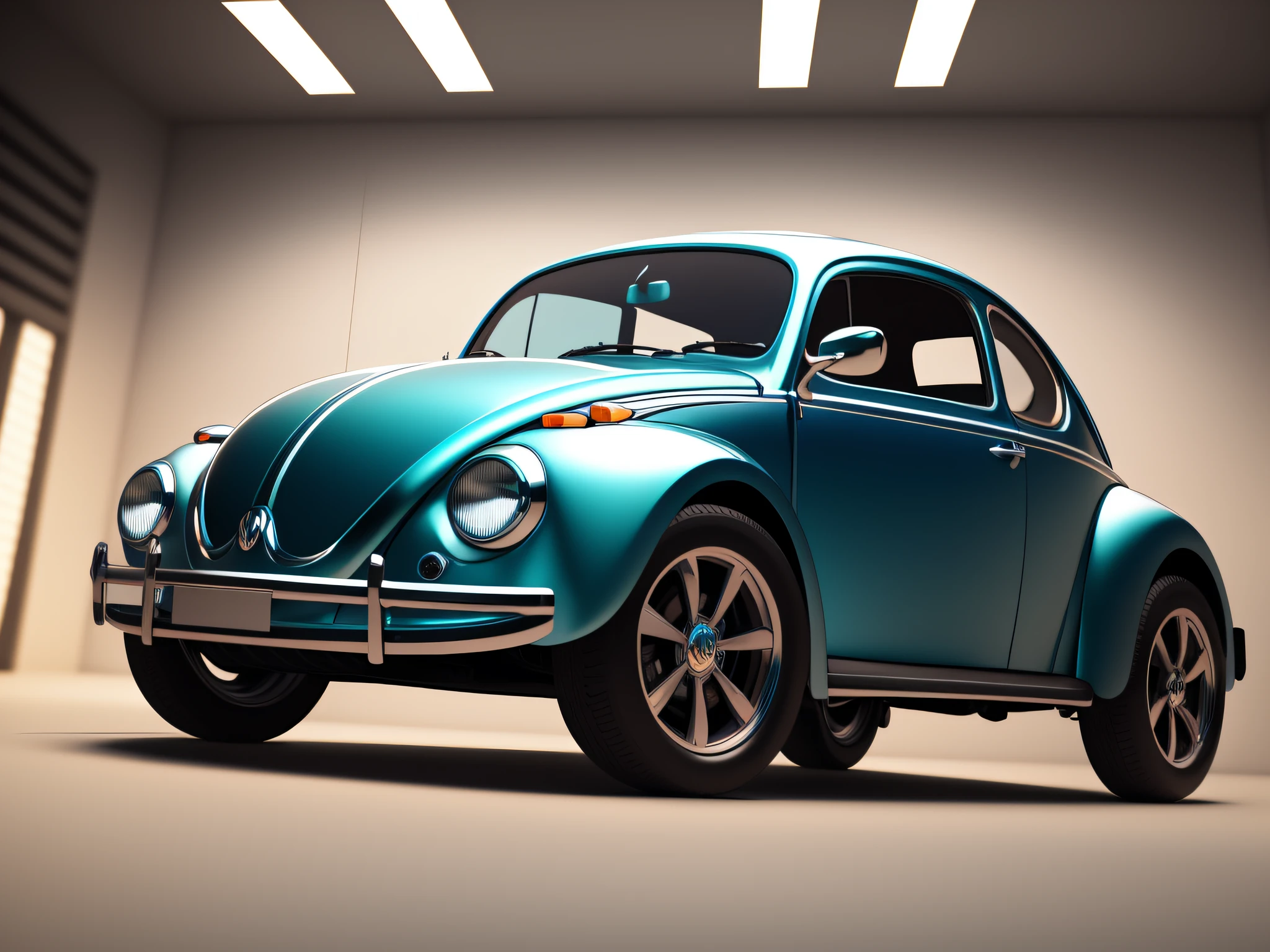 Cute 3D render toy art: Front corner view of a bright and pearlescent Hot Rod version of Volkswagen Beetle with sleek lines and a glossy finish. round metallic stage in foreground. full body. Factory interior in background,Symmetry, Volumetric Lighting, Accent Lighting, Global Illumination, Scattering, Shadows, Shimmering, Lumen Reflection, Cinematic, Sharp Focus, Perfect Composition, Intricate, Insanely Detailed, Global Illumination, Hyperrealistic, Vray Tracing,DSLR,HDR,32k