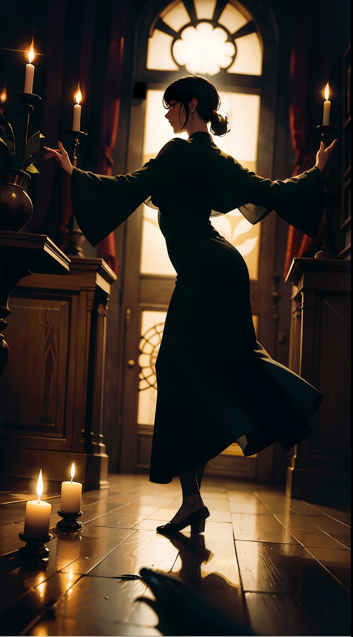 Una imagen en estilo art nouveau, Surrealista y abstracto. A woman dances in a dark room lit by several candles, Su sombra reflejada en la pared tiene la forma de un demonio..