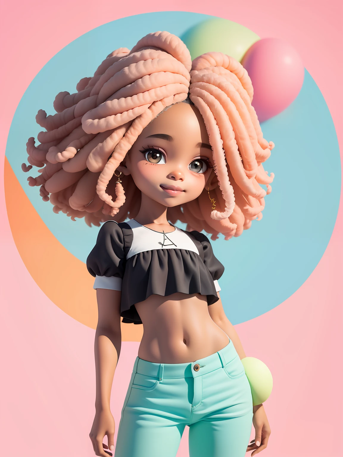 (obra-prima), (melhor qualidade), (ultra-detalhado), (corpo inteiro: 1.2) loli menina negra, afro, pants and mini blouse, sorriso claro, corpo inteiro, :3, cabelo mesclado, curto, preso, pavor, moderno, Modern accessories, fundo tom pastel , colorido e simples.