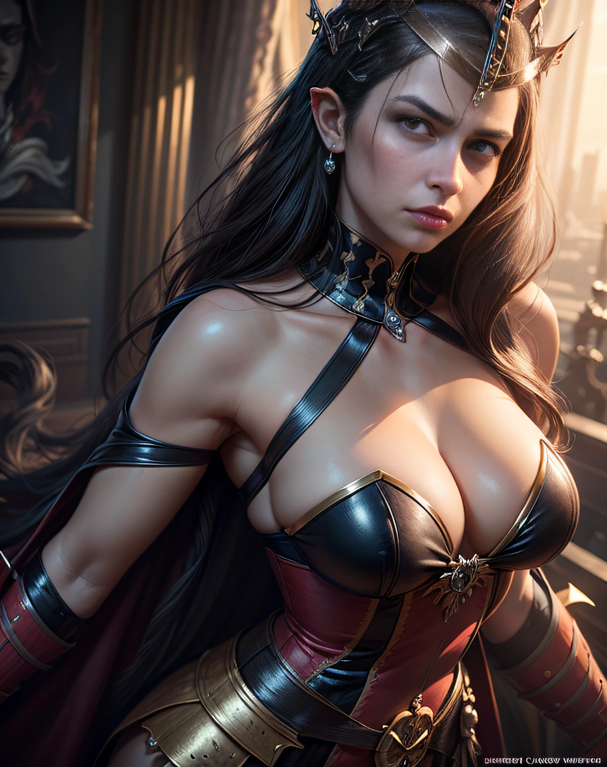 (masterpiece, best quality, beautiful art:1.4), upper body, waist up, captivating, seductive (queen of wrath:1.8) in the style of greg rutkowski, perfect eyes, artgerm, wlop and ross tran, beautiful, cute - fine - face, pretty face, oil slick hair, realistic shaded perfect face, extremely fine details, realistic shaded lighting, dynamic background, artstation, poster, volumetric lighting, very detailed, 8 k (sharp focus:1.6), highly detailed, ultra realistic, 8k