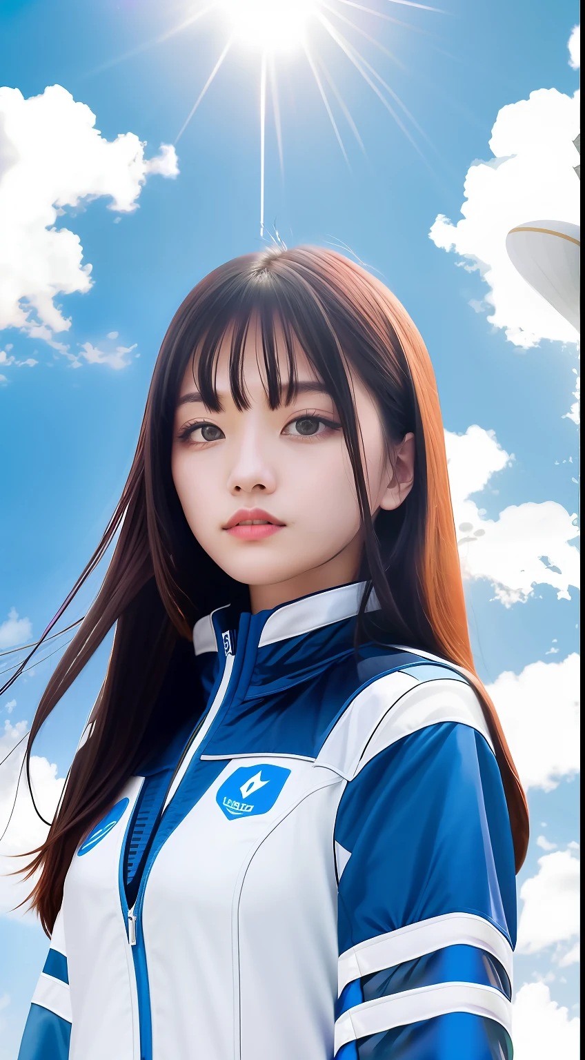 （Spaceship background），（超高分辨率，photorealestic，The sky is blue，Light and shadow rendering，Radiance：1.3），sci-fy，fantasy，[one-girl，White and blue mech：1.2，The upper part of the body：0.2] sheg，Beautiful women，best qualtiy，超高分辨率，8K，tmasterpiece，Clear focus，Bright eyes。