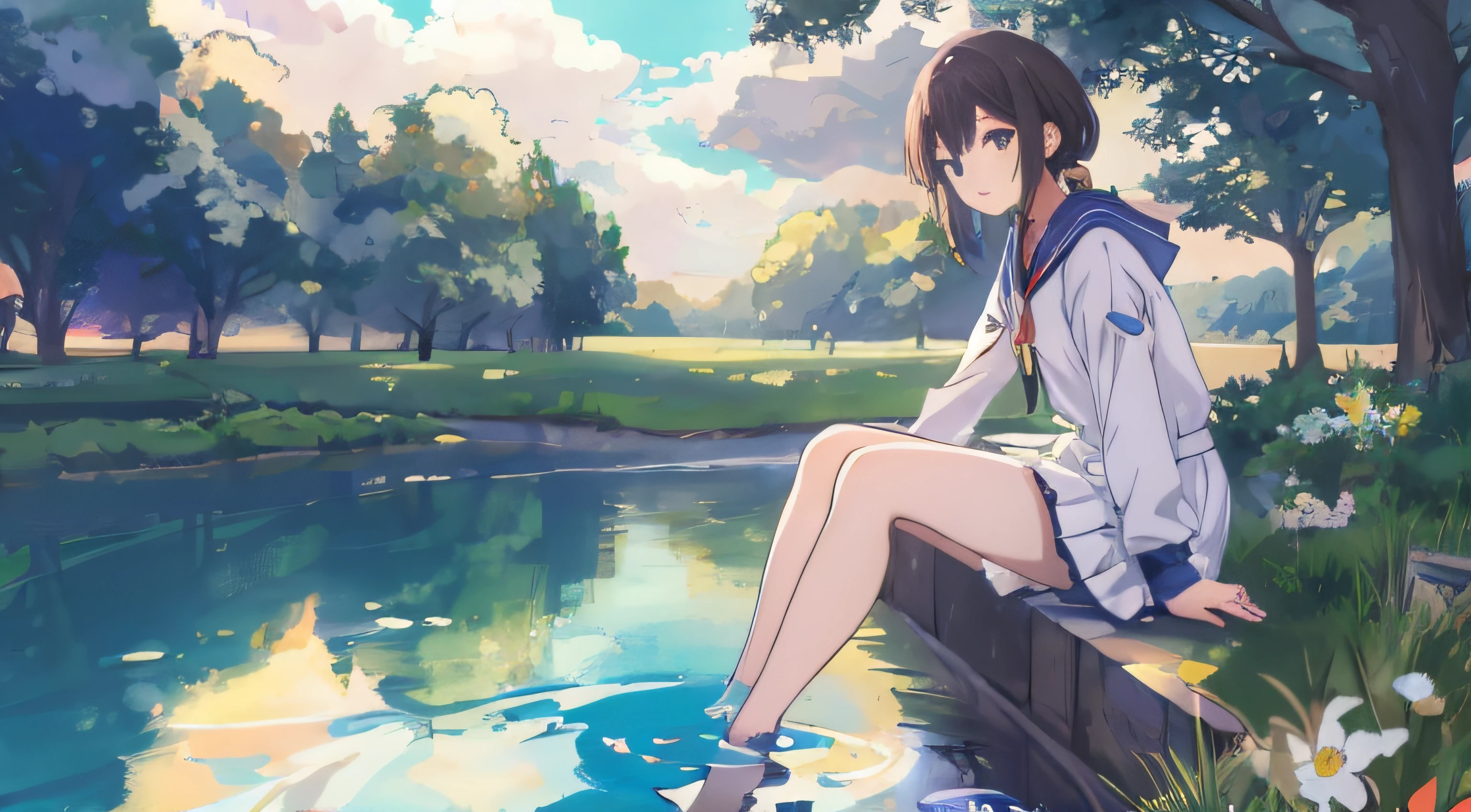 Anime girl sitting on the wall next to the pond,There are flowers, wallpaper anime blue water, Anime girl walking on water, sitting at a pond, style of anime4 K, 4K anime wallpaper, Anime art wallpaper 8 K, Smooth anime CG art, sittinng on the river, Anime art wallpaper 4k, ultra hd anime wallpaper, Anime art wallpaper 4 K