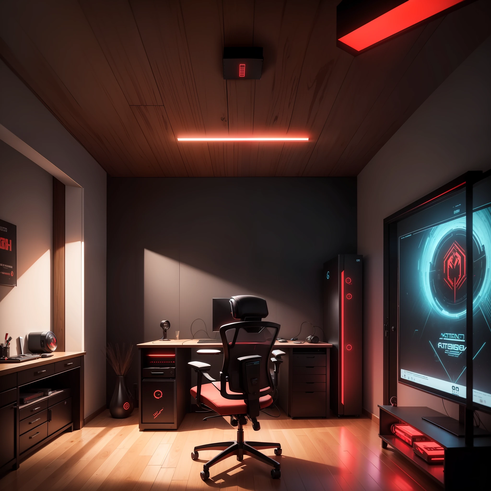 8k , gaming room , 10 computers , rattan - bamboo chair , gamming table , drop panel led ceiling , fleece floor , wall decoration led neon full color , red and black tones , modern style