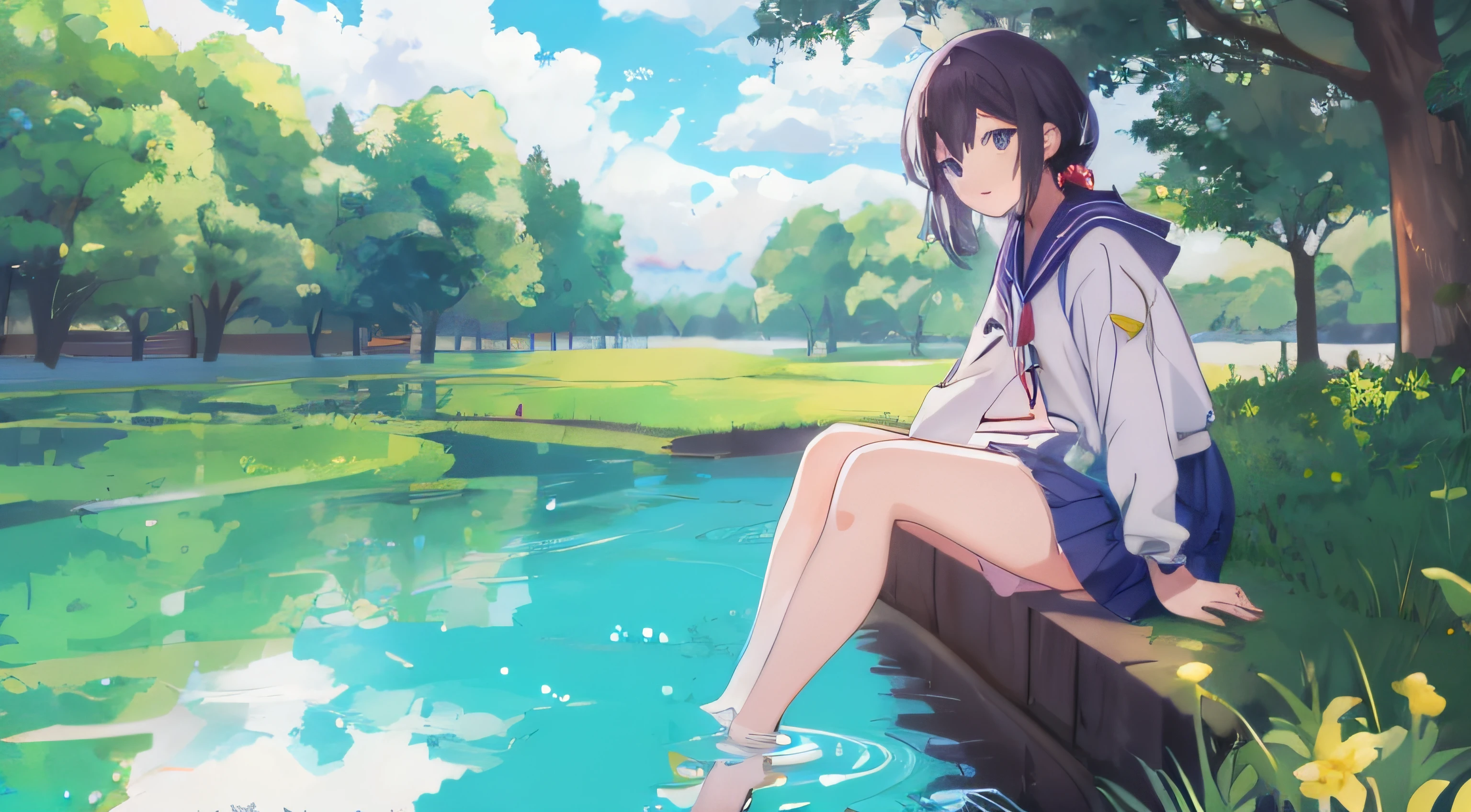 Anime girl sitting on the wall next to the pond，There are flowers, wallpaper anime blue water, Anime girl walking on water, sitting at a pond, style of anime4 K, 4K anime wallpaper, Anime art wallpaper 8 K, Smooth anime CG art, sittinng on the river, Anime art wallpaper 4k, ultra hd anime wallpaper, Anime art wallpaper 4 K