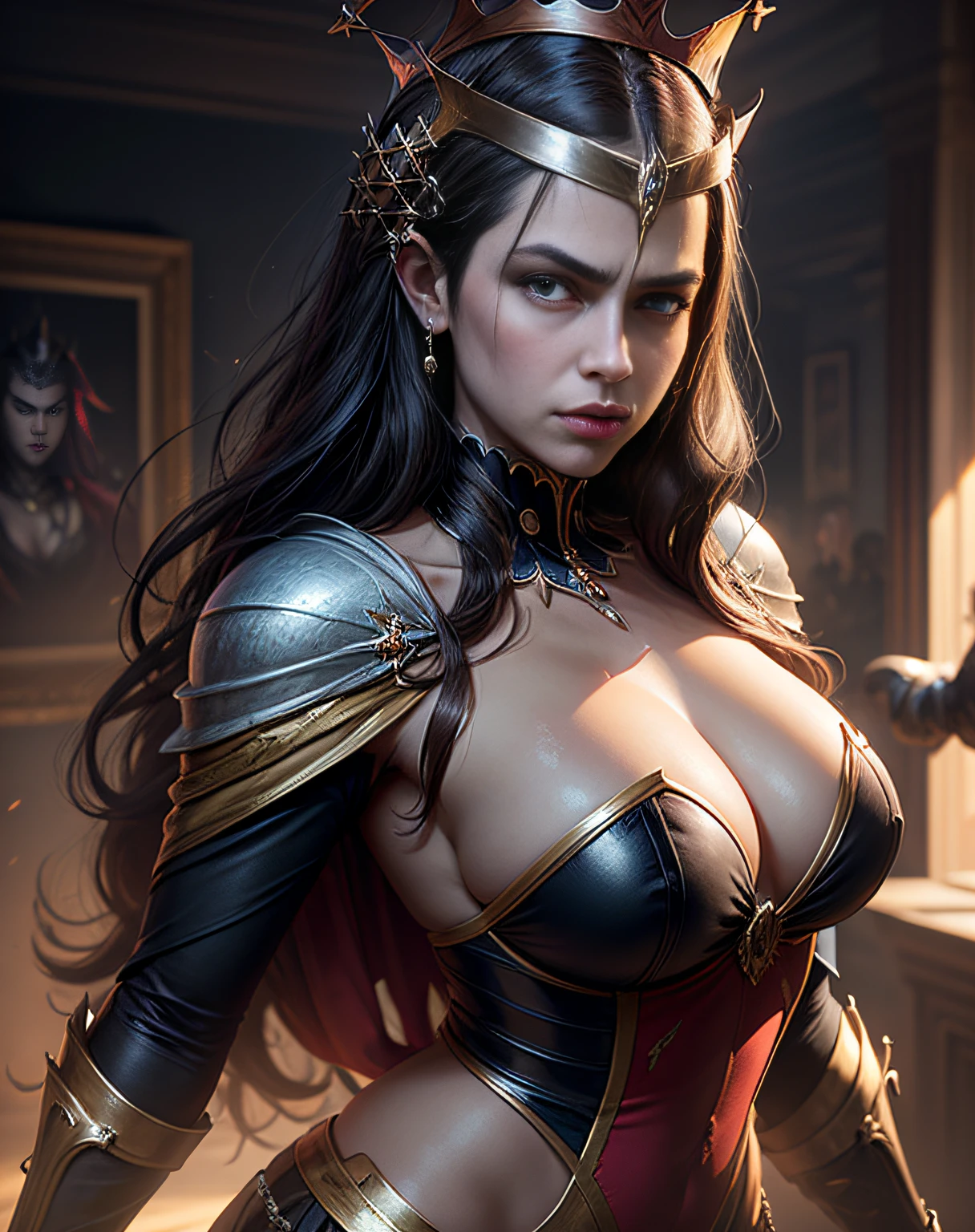 (masterpiece, best quality, beautiful art:1.4), upper body, waist up, captivating, seductive (queen of wrath:1.8) in the style of greg rutkowski, artgerm, wlop and ross tran, beautiful, cute - fine - face, pretty face, oil slick hair, realistic shaded perfect face, extremely fine details, realistic shaded lighting, dynamic background, artstation, poster, volumetric lighting, very detailed, 8 k (sharp focus:1.6), highly detailed, ultra realistic, 8k