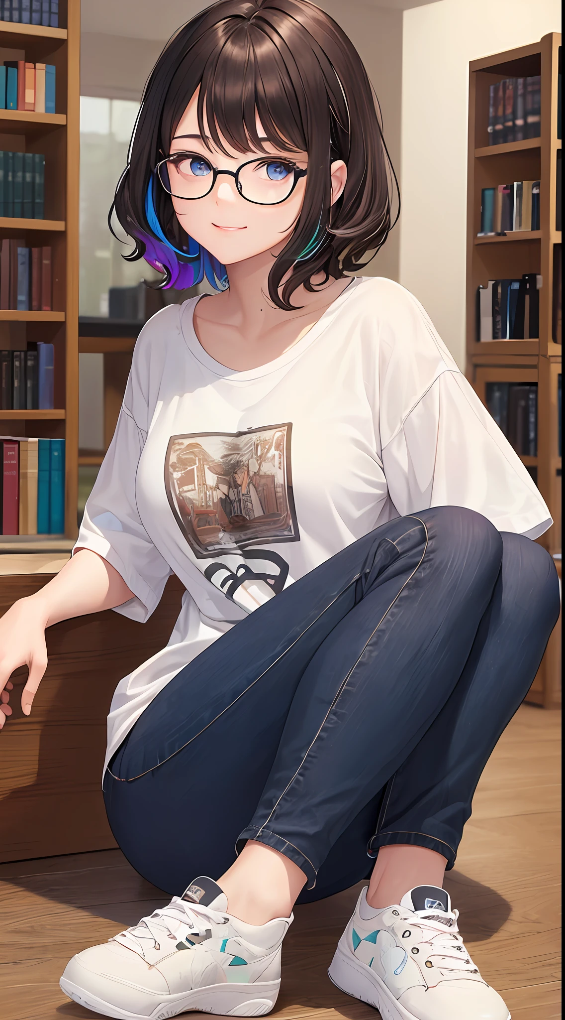 (masterpiece), best quality, expressive eyes, perfect face, 1girl, solo, pixie cut curly hair , (illustration: 1.1), (best eyes: 1.3), (beautiful and clear background: 1.25), (extremely detailed CG unity 8k wallpaper: 1.1), (colorful: 0.9), (depth of field: 0.75),
(detailed eyes: 1.4), black eyes, (multicolored hair: 1.2), brown hair, bright eyes, multi line in hair, glasses, long hair
(Oversize T-shirt: 1.4), scraft, jeans long pant, sneaker shoes,
looking_at_viewer, smile, library, indoor, romantic, sharo shoot, close up,