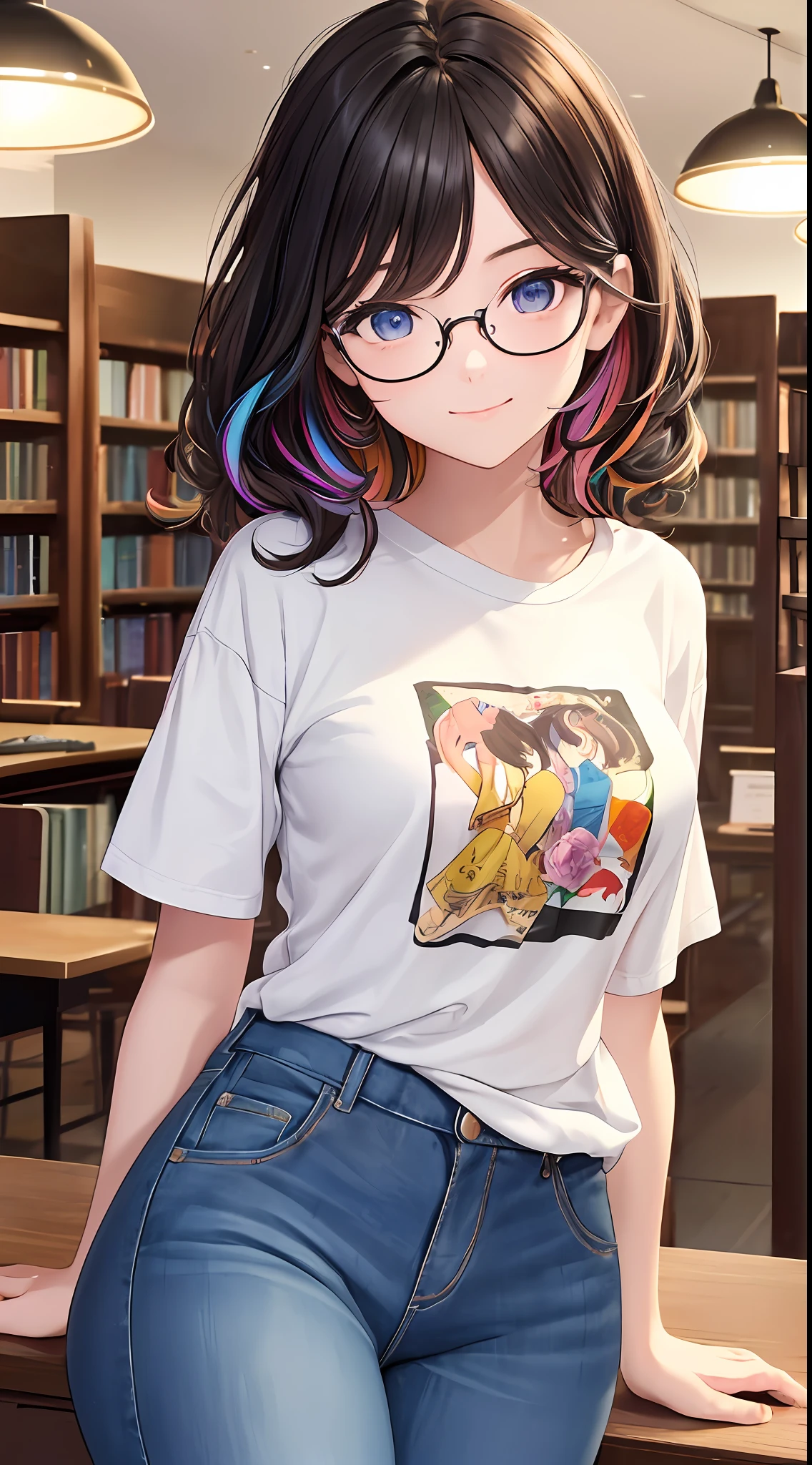 (masterpiece), best quality, expressive eyes, perfect face, 1girl, solo, pixie cut curly hair , (illustration: 1.1), (best eyes: 1.3), (beautiful and clear background: 1.25), (extremely detailed CG unity 8k wallpaper: 1.1), (colorful: 0.9), (depth of field: 0.75), 
(detailed eyes: 1.4), black eyes, (multicolored hair: 1.2), brown hair, bright eyes, multi line in hair, glasses, long hair
(Oversize T-shirt: 1.4), scraft, jeans long pant, sneaker shoes,
looking_at_viewer, smile, library, indoor, romantic, sharo shoot, close up,
