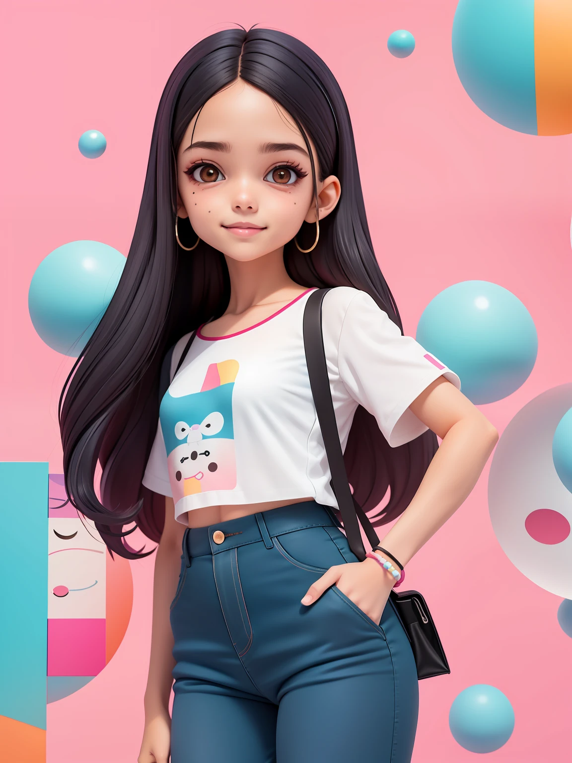 (obra-prima), (melhor qualidade), (ultra-detalhado), (corpo inteiro: 1.2) loli menina morena, loira, negra, pants and mini blouse, sorriso claro, corpo inteiro, :3, cabelo multicolor, curto, preso, pavor, moderno, Modern accessories, fundo tom pastel , colorido e simples.