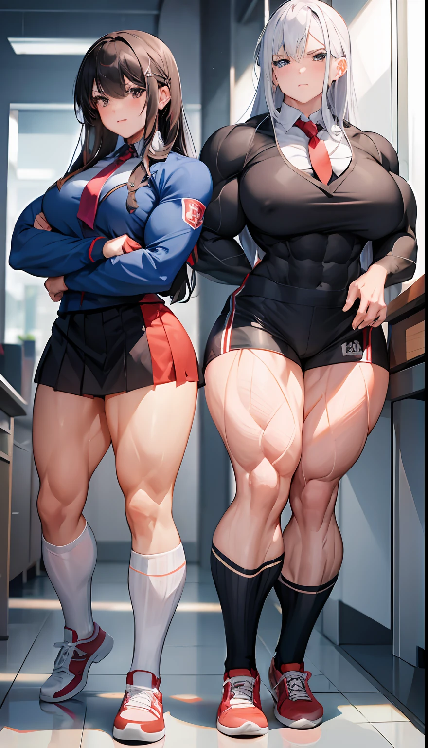 Two Young female girls, school uniform, in school, muscle, looking angry, (Bodybuilder:1.1),