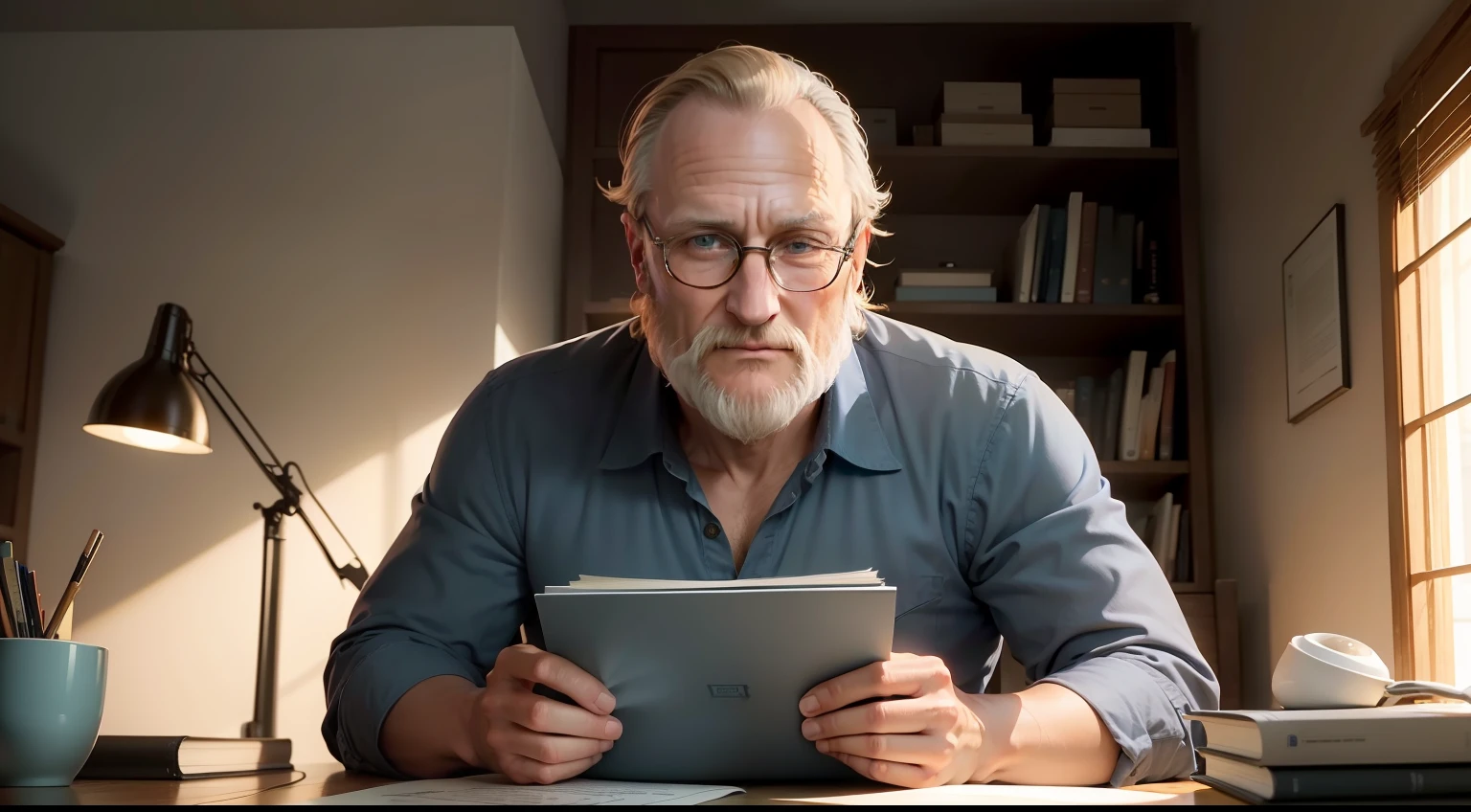Woody Harrelson, a wise old man figure, semblante feliz, com barba branca e meio calvo, sitting behind a desk, com um livro e laptop, em um ambiente escuro, Facing the camera.