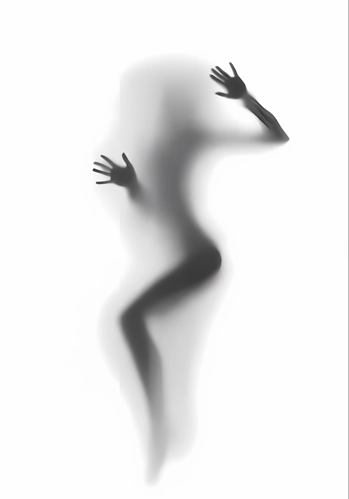Image of an Aalfid of a man with his hands raised in the air, female image in shadow, shrouded figure, mystical figure, Slender figure, beautiful female body silhouette, Perfect female body silhouette, single silhouette figure, ghostly form, Mysterious woman, woman silhouette, human silhouette, hands behind her body pose!, ghostly figure, slender girl, silhoutte, woman is curved