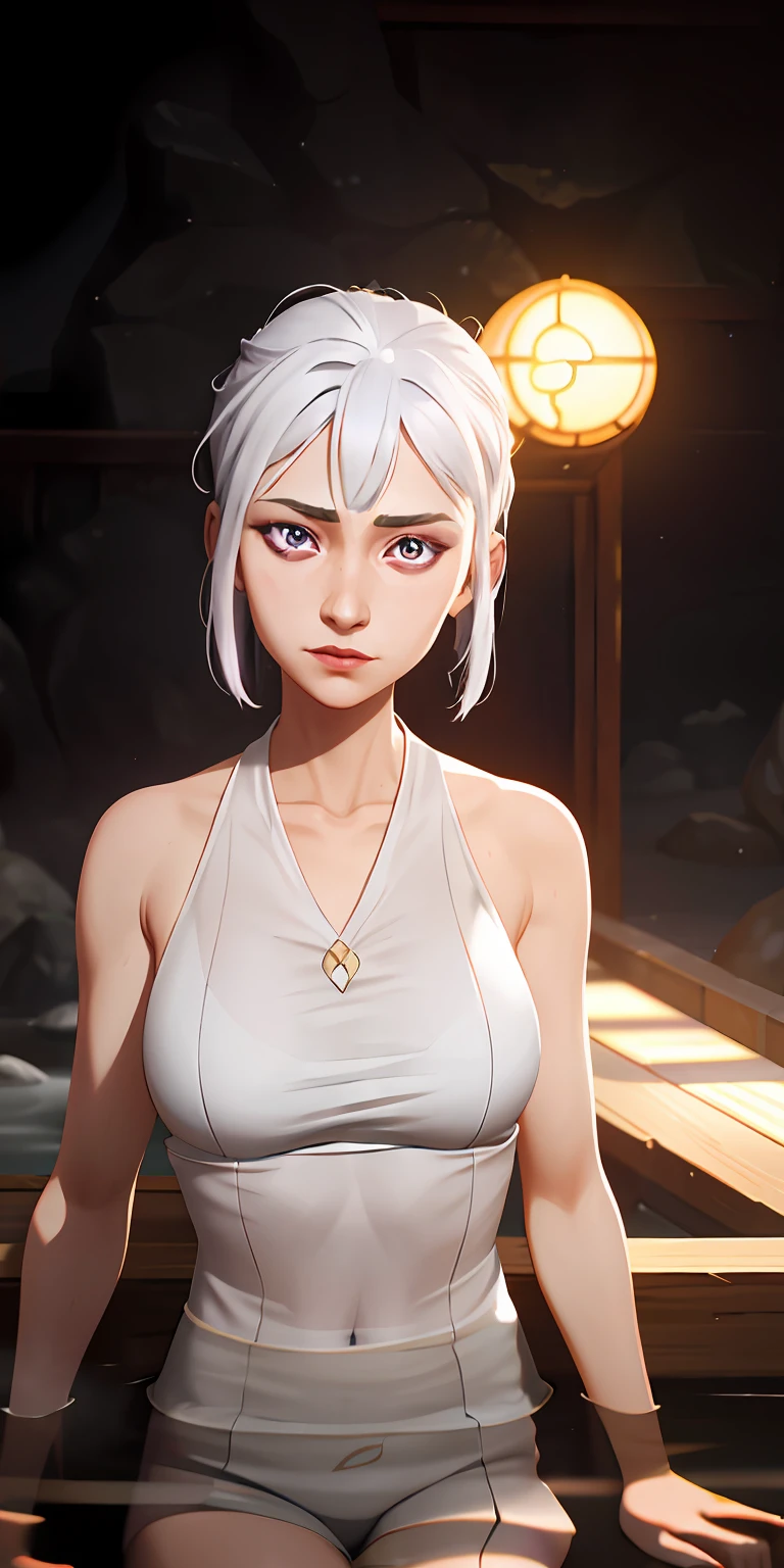 1girl, White hair, Purple eye, sportrait, photorealestic, Towels, (onsen), sidelighting, wallpaper, nsfw,r18