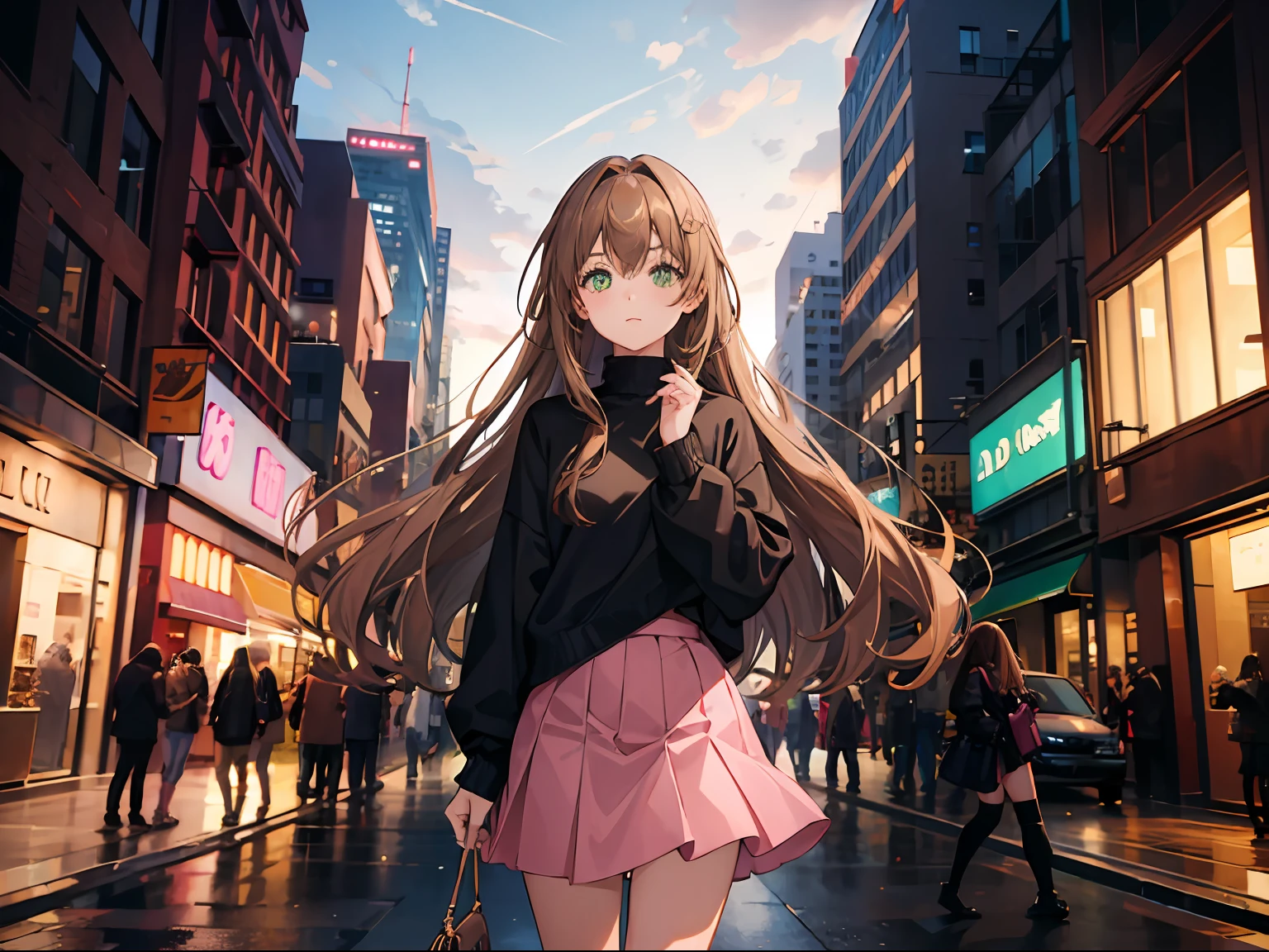 1girl, long light brown hair, green eyes, wearing black sweater, pink skirt, city, highres, ultra sharp, 8k, looking at viewer