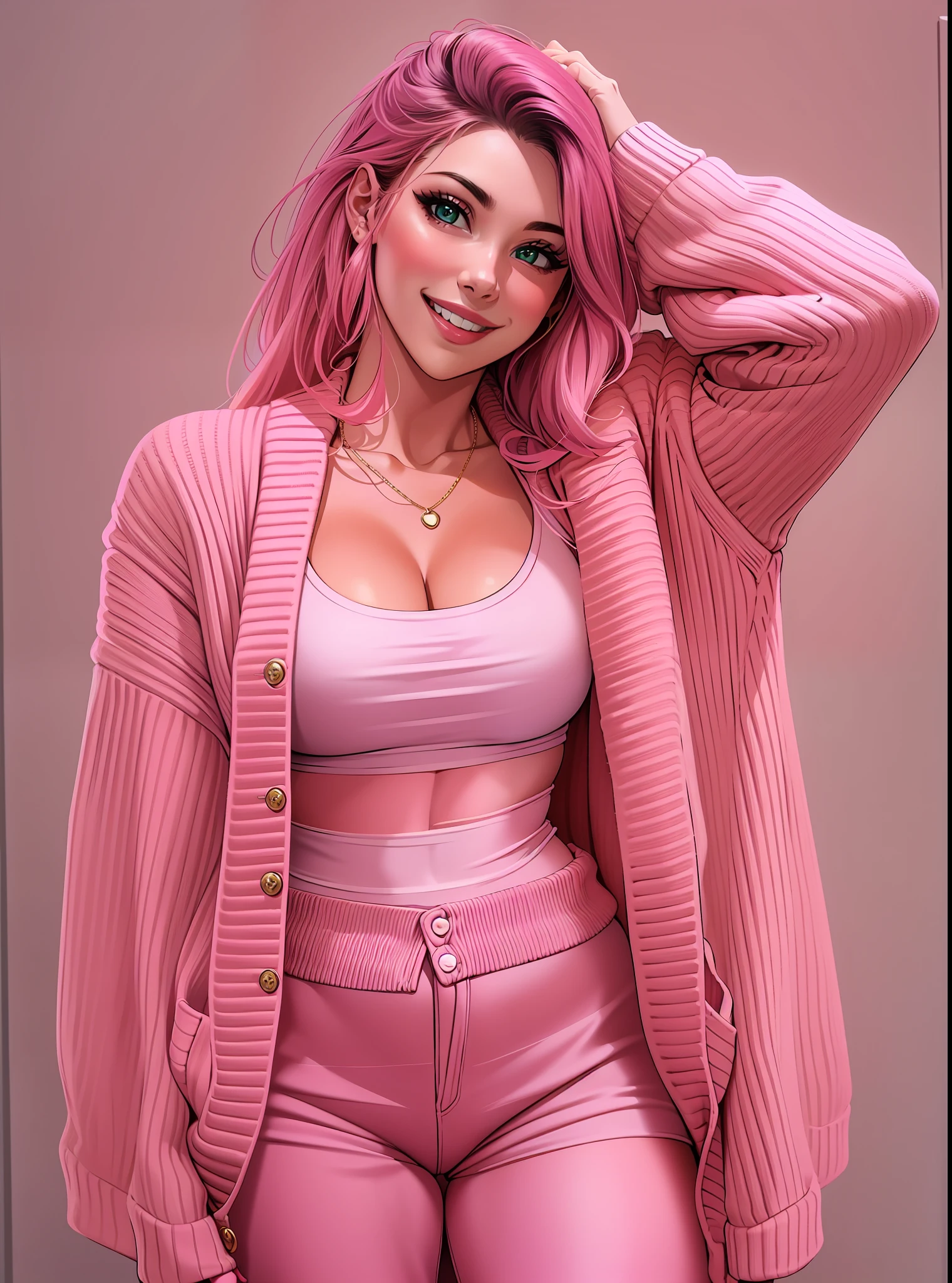 Cute girl wearing a tight cardigan, pink colors, giant booty, smiling, tricky glance