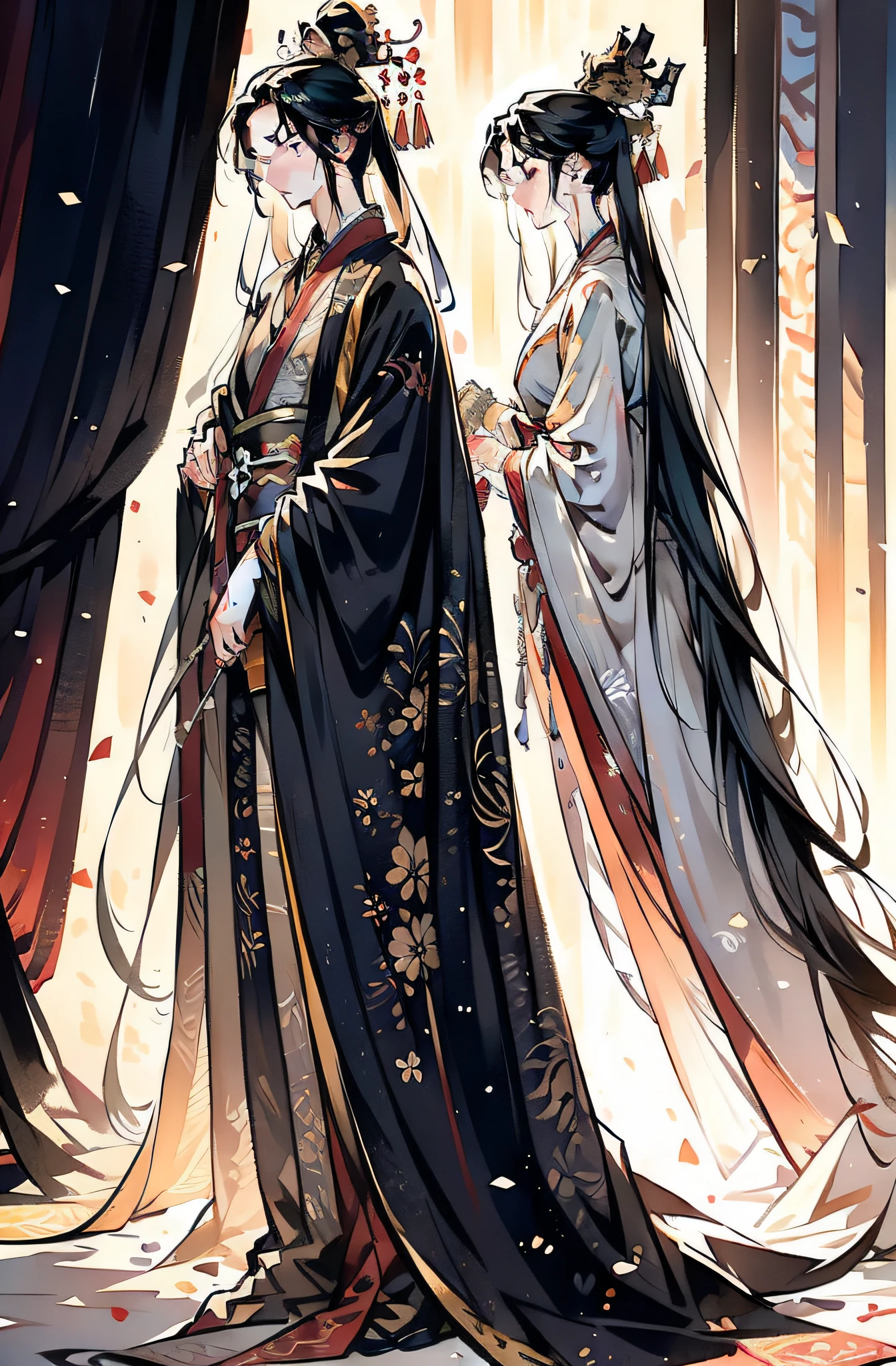 China-style,ink and watercolor painting,Hanfu,standing on your feet,long whitr hair,Handsome,swordsmen,the detail,closeup of face,k hd,ultraclear,color fill-in,color full,Simple clothes,Left female right male,The face is clear,Weddings