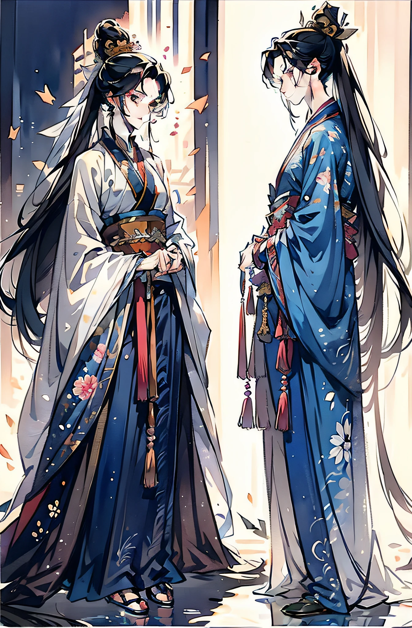 China-style，ink and watercolor painting，Hanfu，standing on your feet，long whitr hair，Handsome，swordsmen，the detail，closeup of face，k hd，ultraclear，color fill-in，color full，Simple clothes，Left female right male，The face is clear，Weddings