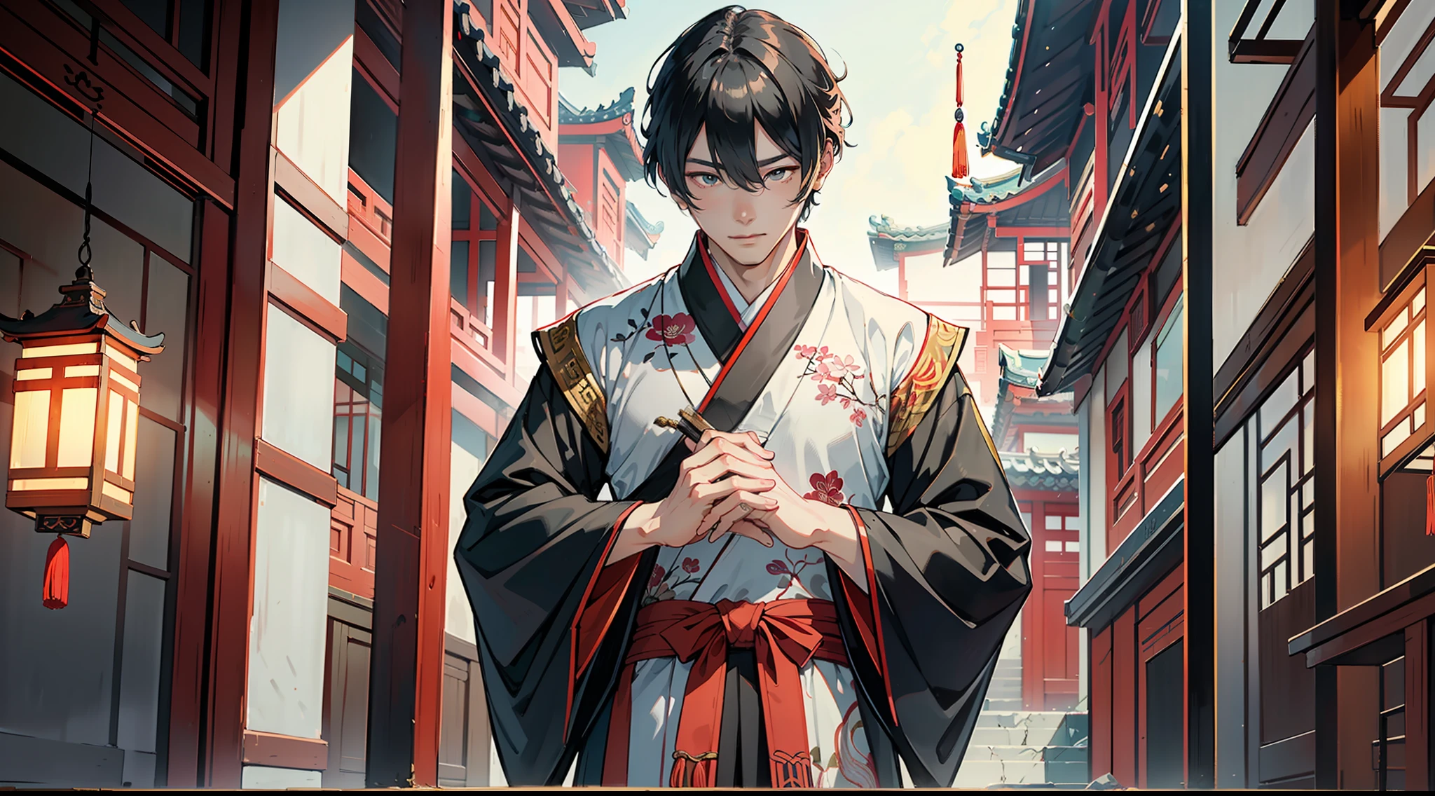 A male figure dressed in a traditional Chinese Hanfu stands in a courtyard, wearing an enigmatic smile. The painting should capture the essence of traditional Chinese culture, with a focus on the intricate details of the Hanfu and the architectural elements of the quadrangle. The colors should be rich and vibrant, reflecting the beauty and elegance of traditional Chinese aesthetics. The lighting should create a sense of mystery and drama, enhancing the enigmatic expression of the man. The painting should have a traditional Chinese painting style, with fine brushwork and delicate ink wash techniques.