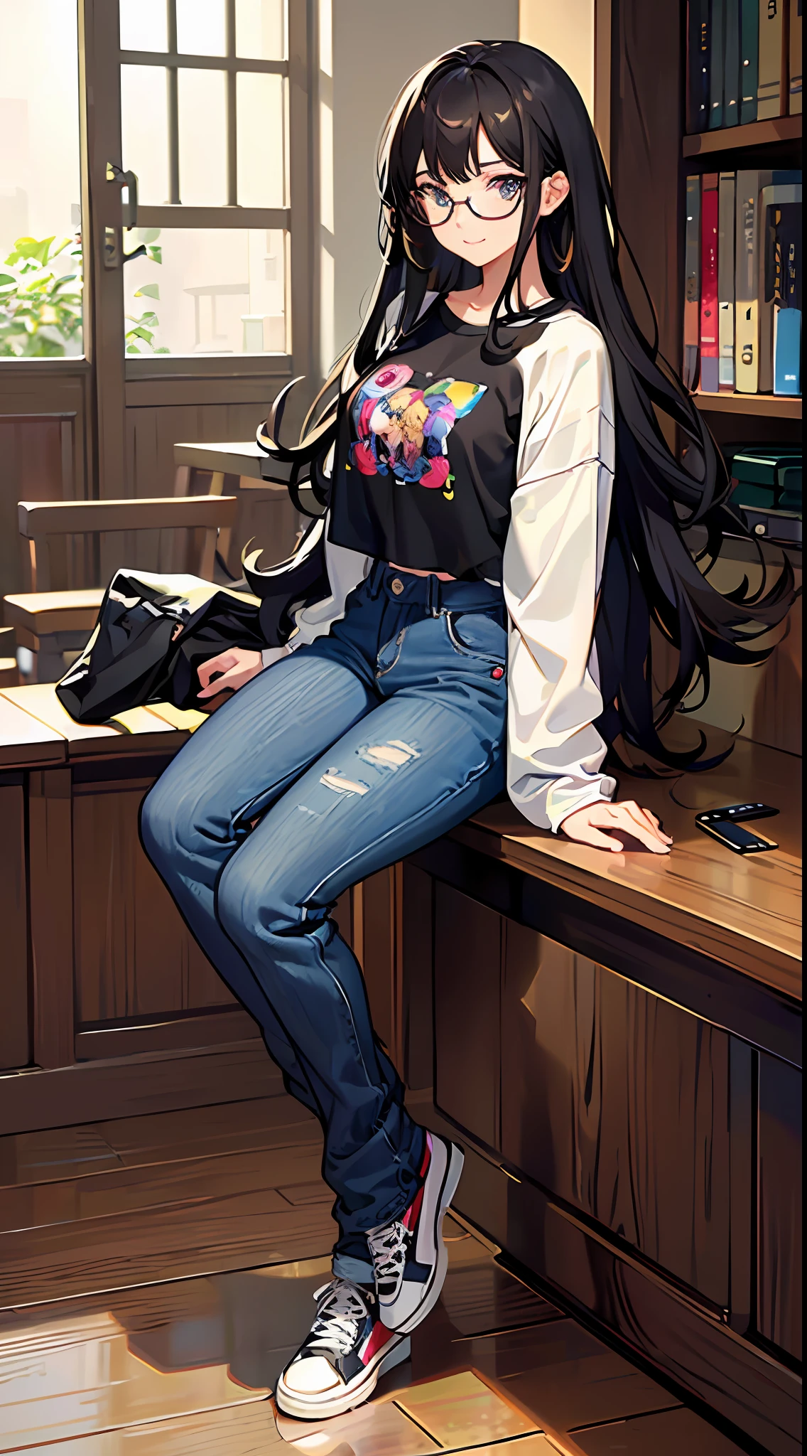 (masterpiece), best quality, expressive eyes, perfect face, 1girl, solo, pixie cut curly hair , (illustration: 1.1), (best eyes: 1.3), (beautiful and clear background: 1.25), (extremely detailed CG unity 8k wallpaper: 1.1), (colorful: 0.9), (depth of field: 0.75),
(detailed eyes: 1.4), black eyes, (multicolored hair: 1.2), brown hair, bright eyes, multi line in hair, glasses, long hair
(Oversize T-shirt: 1.4), scraft, jeans long pant, sneaker shoes,
looking_at_viewer, smile, library, indoor, romantic, sharo shoot, close up,