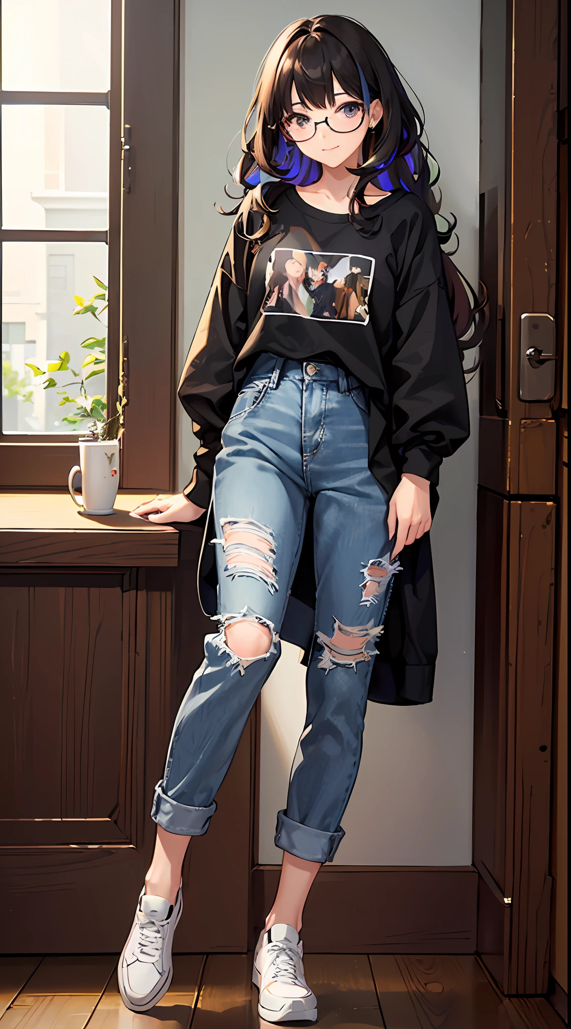 (masterpiece), best quality, expressive eyes, perfect face, 1girl, solo, pixie cut curly hair , (illustration: 1.1), (best eyes: 1.3), (beautiful and clear background: 1.25), (extremely detailed CG unity 8k wallpaper: 1.1), (colorful: 0.9), (depth of field: 0.75),
(detailed eyes: 1.4), black eyes, (multicolored hair: 1.2), brown hair, bright eyes, multi line in hair, glasses, long hair
(Oversize T-shirt: 1.4), scraft, jeans long pant, sneaker shoes,
looking_at_viewer, smile, library, indoor, romantic, sharo shoot, close up,