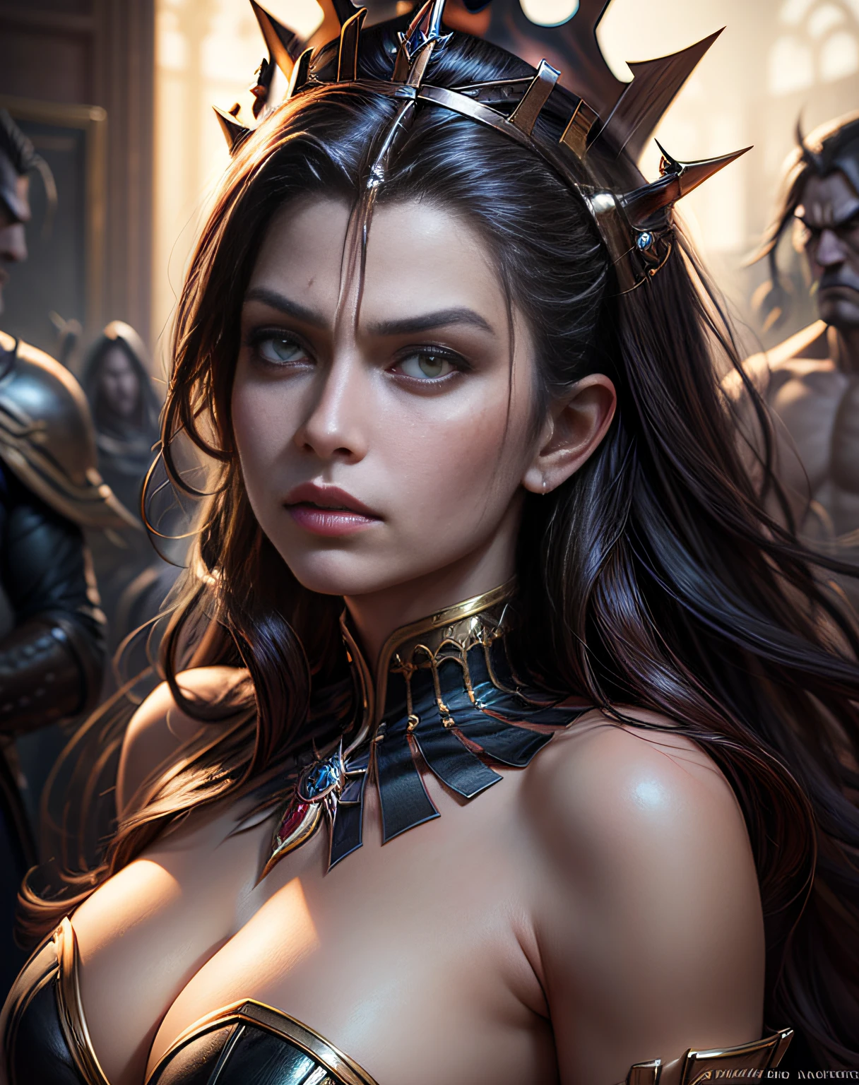 (masterpiece, best quality, beautiful art:1.4), upper body, waist up, captivating, seductive (queen of wrath:1.8) in the style of greg rutkowski, perfect eyes, artgerm, wlop and ross tran, beautiful, cute - fine - face, pretty face, oil slick hair, realistic shaded perfect face, extremely fine details, realistic shaded lighting, dynamic background, artstation, poster, volumetric lighting, very detailed, 8 k (sharp focus:1.6), highly detailed, ultra realistic, 8k