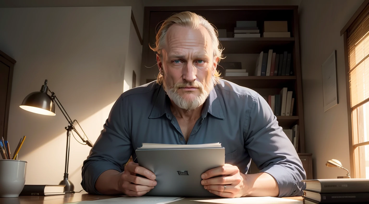 Woody Harrelson, a figure of wise old man, semblante feliz, com barba branca e meio calvo, sitting behind a desk, com um livro e laptop, em um ambiente escuro, Facing the camera.